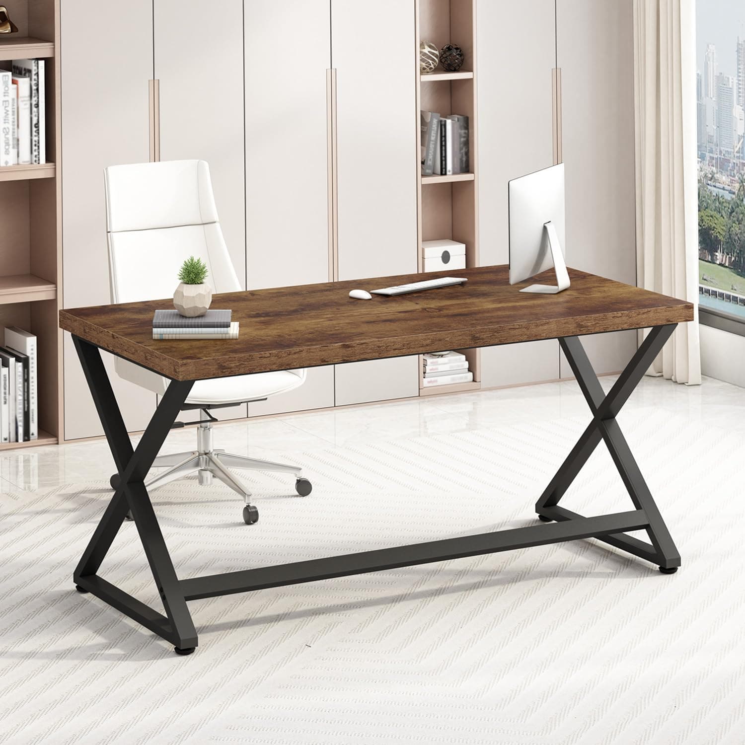 IBF Rustic Computer Desk, Industrial 47” Home Office Desk, Farmhouse Wood Metal Work Desk for Writing Study, Vintage Minimalist Executive Workstation PC Gaming Table in Bedroom, Rustic Brown
