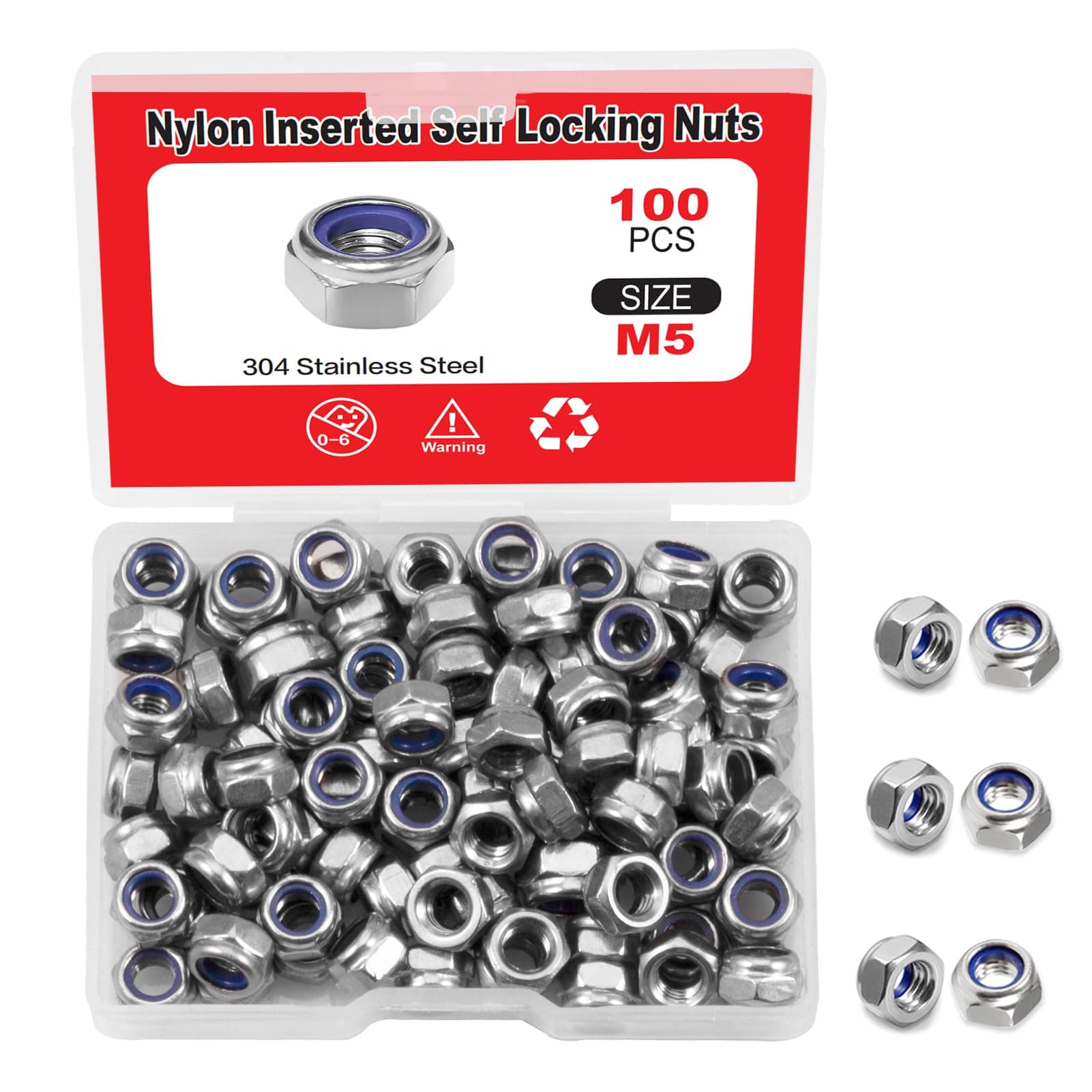 LEONTOOL 100 Pcs M5 x 0.8mm Nylon Inserted Self Locking Nuts Hex Lock Nuts Assortment 304 Stainless Steel Self Clinching Nuts Finish Hex Lock Nut Plain Finish Inserted Hex with Storage Box