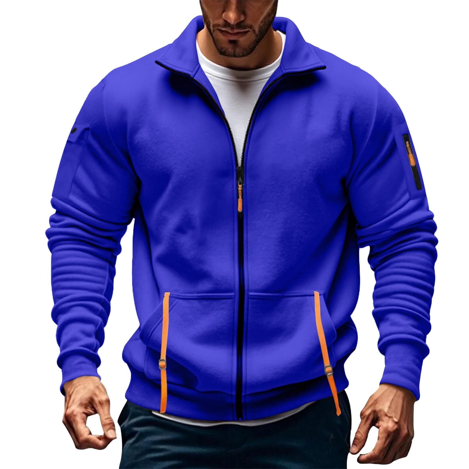 ofeirhz Hoodies For Men Uk Hoodless Zip Up Hoodie Mock Neck Sweatshirt Lightweight Long Sleeve Sweatshirt Active Stretchable Jacket Multi Pockets Cardigans Tracksuit Jumpers Plus Size S-5Xl