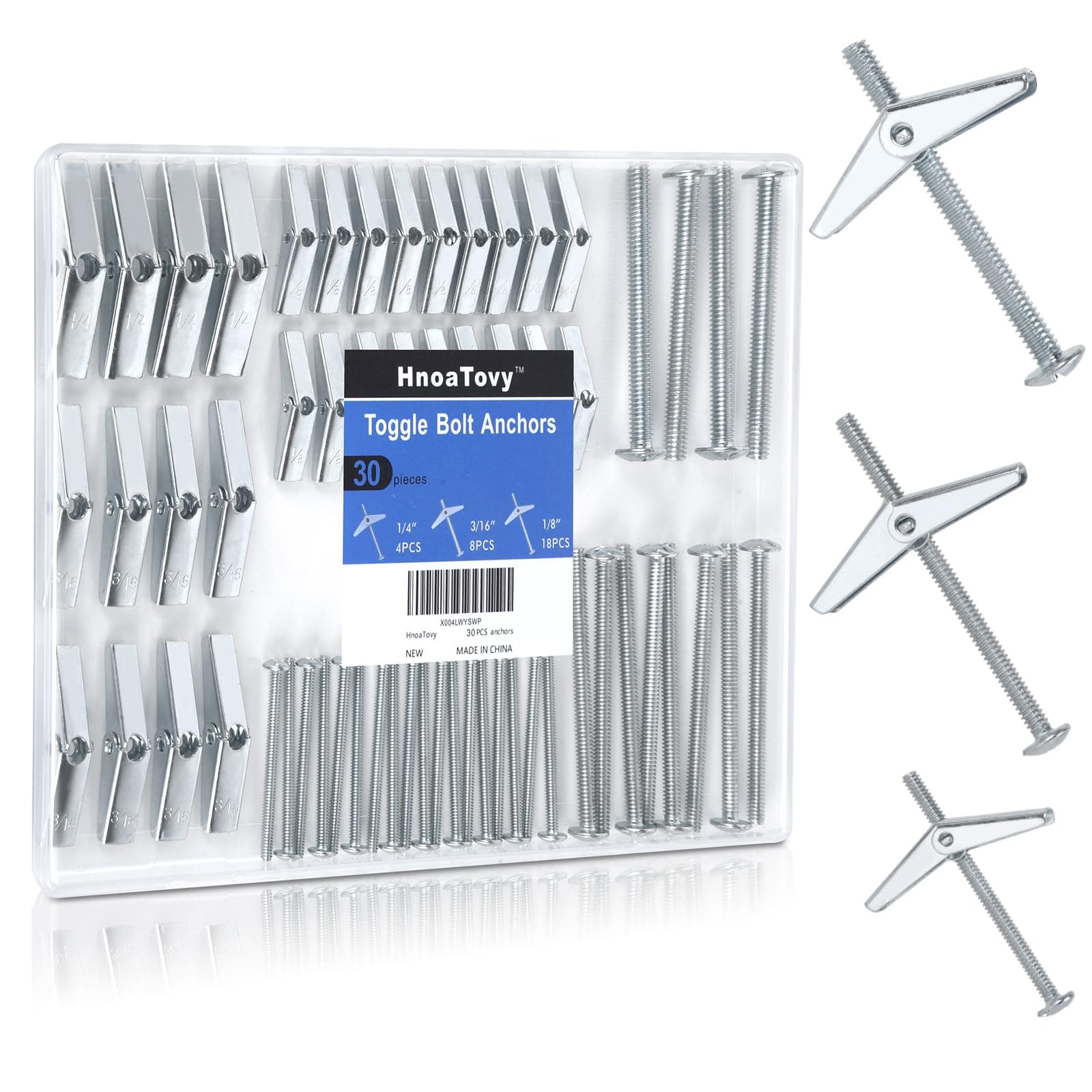 30PCS Wall Anchors for Drywall Heavy Duty, Hollow Wall Anchors, Toggle Anchors for Drywall, Dry Wall Anchors and Screws Kit, Premium Anchors in 3 Sizes(1/8IN, 3/16IN, 1/4IN) for Ceiling, HnoaTovy