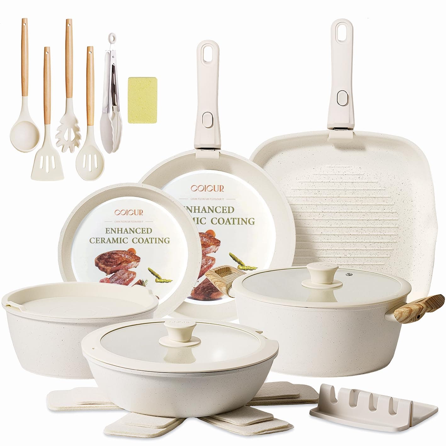 COICUR Ceramic Cookware Set Non Stick 23Pcs Pots and Pans Set Non Toxic with Detachable Handle Induction Kitchen Cookware Set Space Saving, Oven & Dishwasher Safe, Cream White