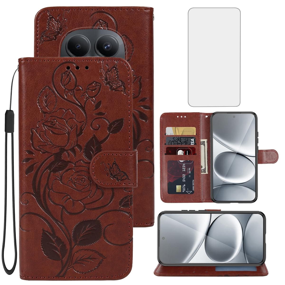 Cdhkyong Case for Redmi Note 15 Pro 5G Wallet Case with Screen Protector, PU Leather Kickstand Credit Card Holder Wrist Strap Flip Phone Cover for Xiaomi Redmi Note 15 Pro 5G Brown