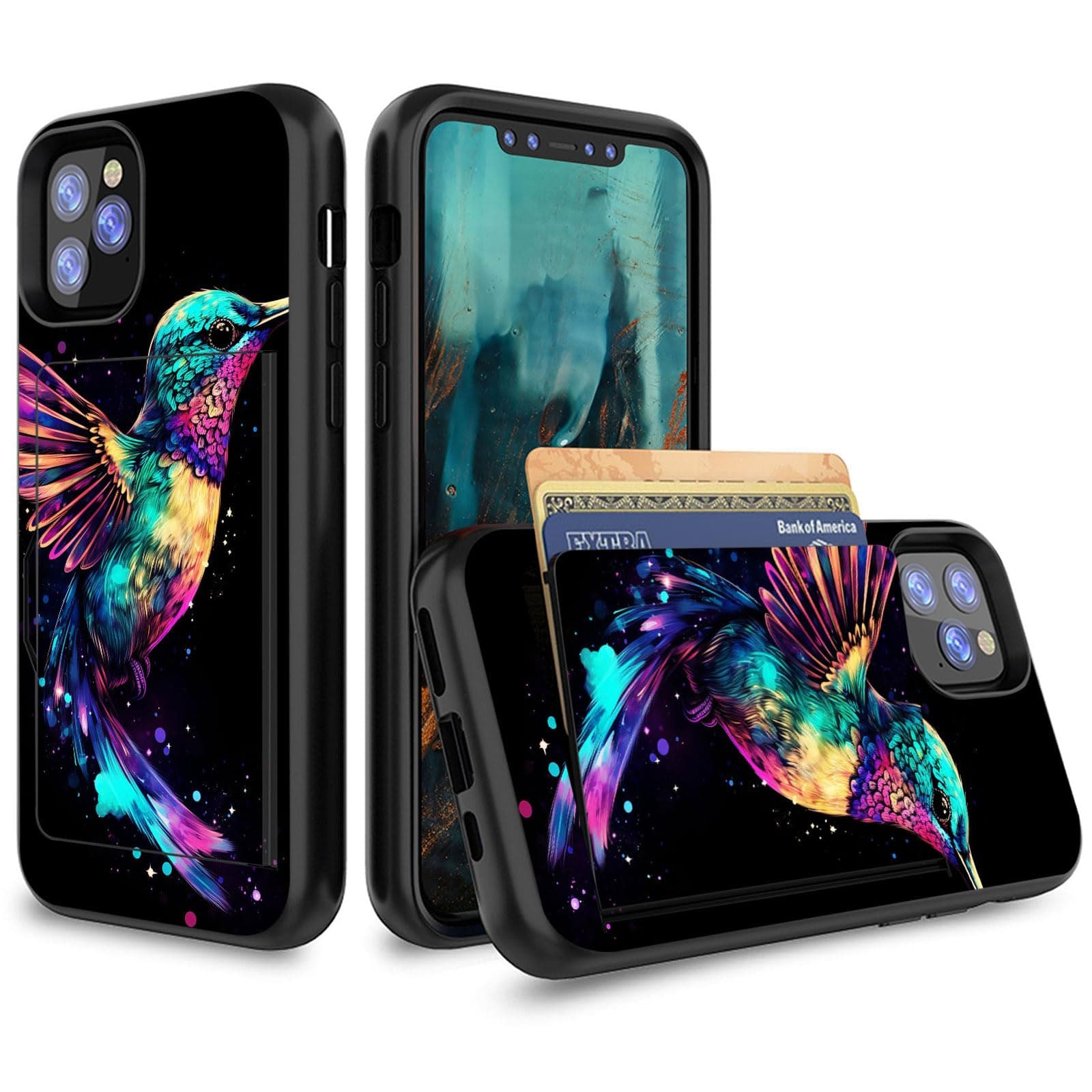 EFGWSDER for iPhone 15 Pro Max Case with Card Holder,Shockproof Armor Silicone Hybrid Rugged Protective Wallet Cover Case for iPhone 15 Pro Max,Colorful Hummingbird