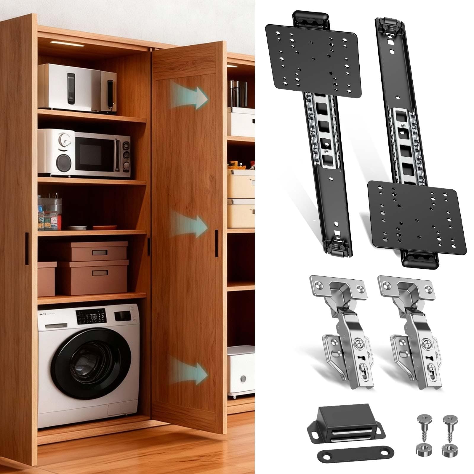 Mdkave 14inch Pocket Door Slides with Hinges,Complete Pocket Cabinet Door Hardware Kit,Space Saving Sliding System for Cabinets (14inch,1Set)