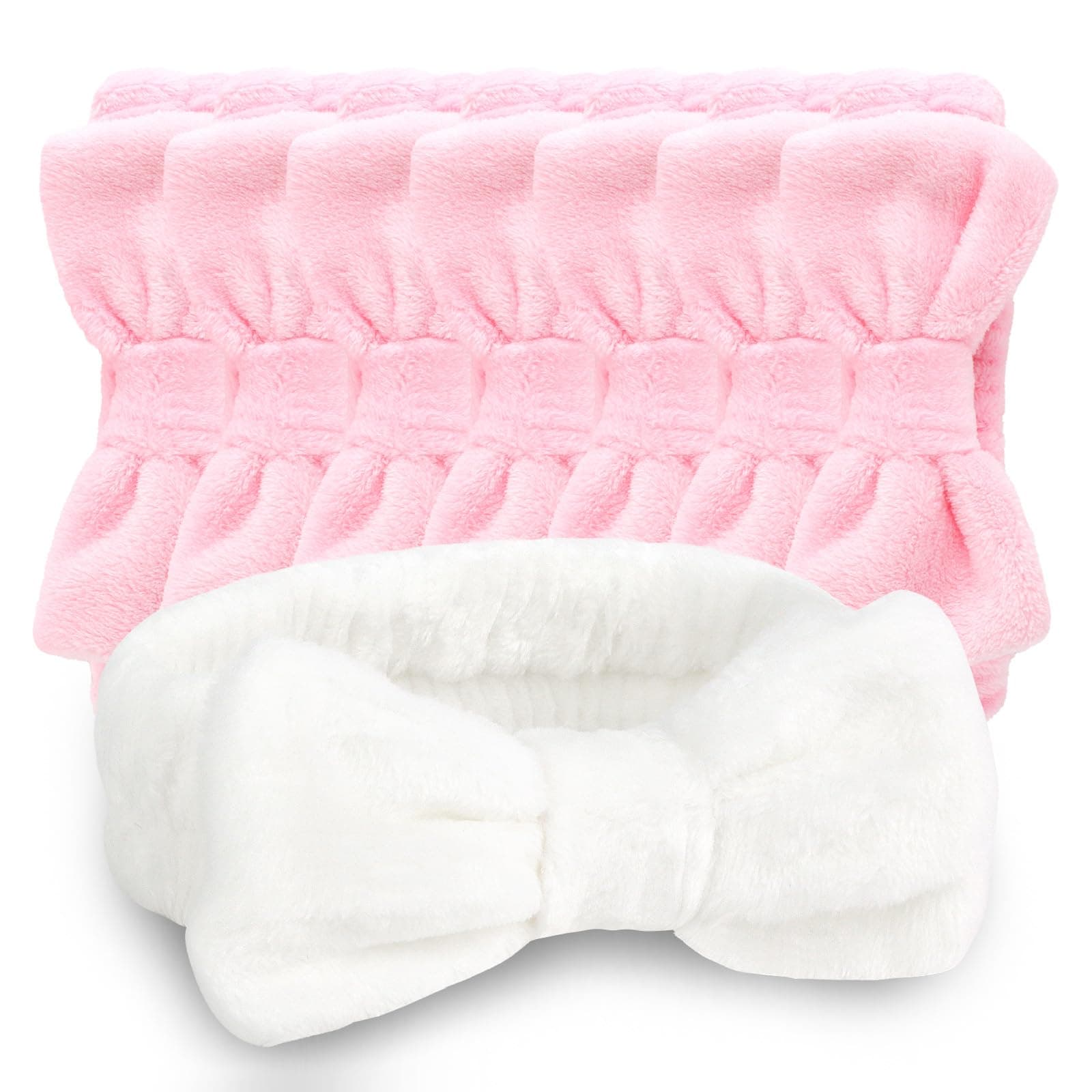 CIEHER 8 Pcs Spa Headbands - 1 White + 7 Pink, Microfiber Hairbands for Bachelorette Party Favors, Bridal Shower Decorations, Skincare Makeup Headbands for Girls, Women's Accessory