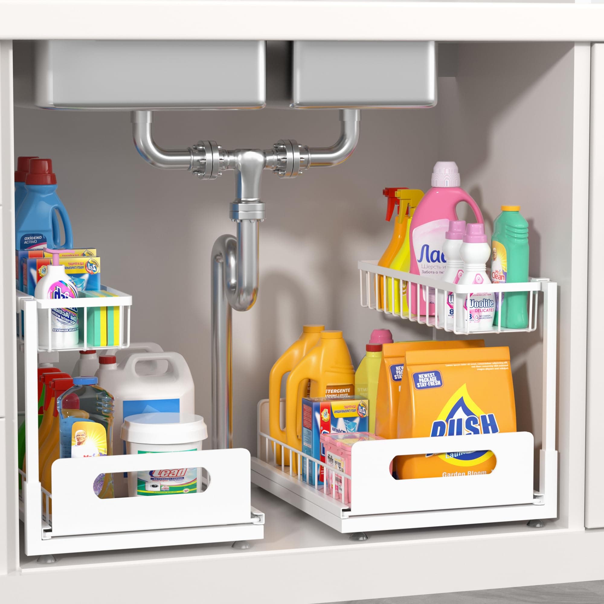 Under Sink Organizer, Pull Out Cabinet Organizer 2 Tier Slide Out Sink Shelf Cabinet Storage Shelves,Kitchen & Bathroom Organizers,Metal (White, 2 Pack-14.37 * 8.86 * 10.83in)