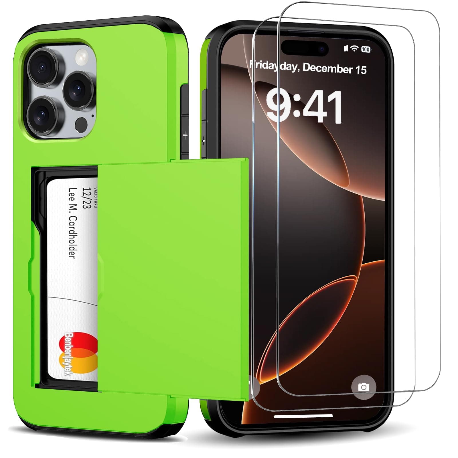 Benbenjaytek for iPhone 16 Pro Wallet Case with Card Holder + 2 Tempered Glass Screen Protector Protective Shockproof Hidden Card Slot Slim Case Women Men iPhone 16 Pro 6.3″ 2024 (Light Green)