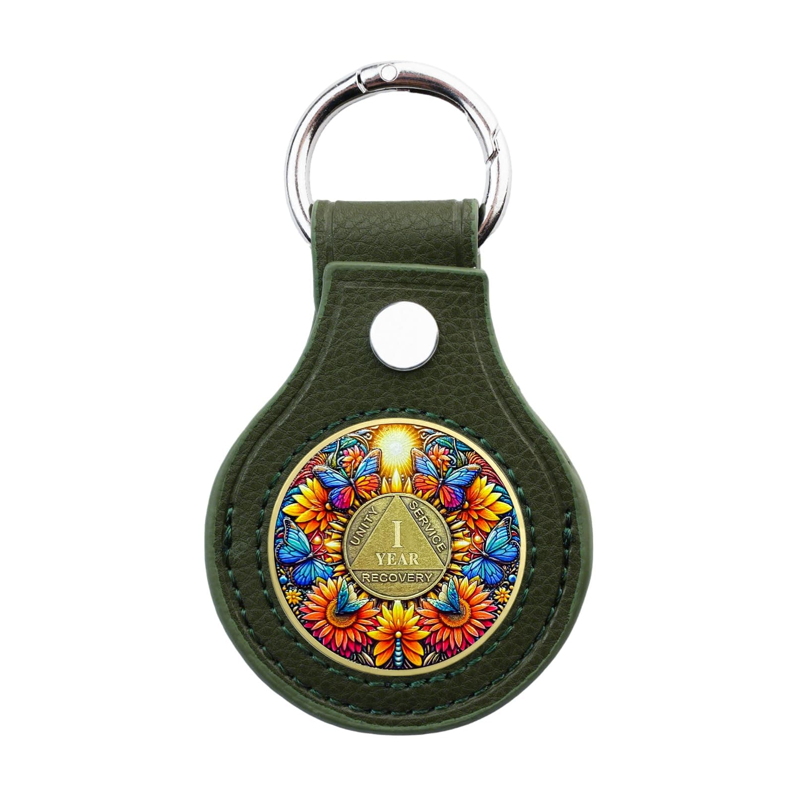 Premium Leather Coin Holder - Handmade Sobriety AA Coins Chip Keychain - Displays Both Sides of Sober Token Medallion Pet Challenge Coin - Green Waterproof Scratchproof Soft PVC Key Ring