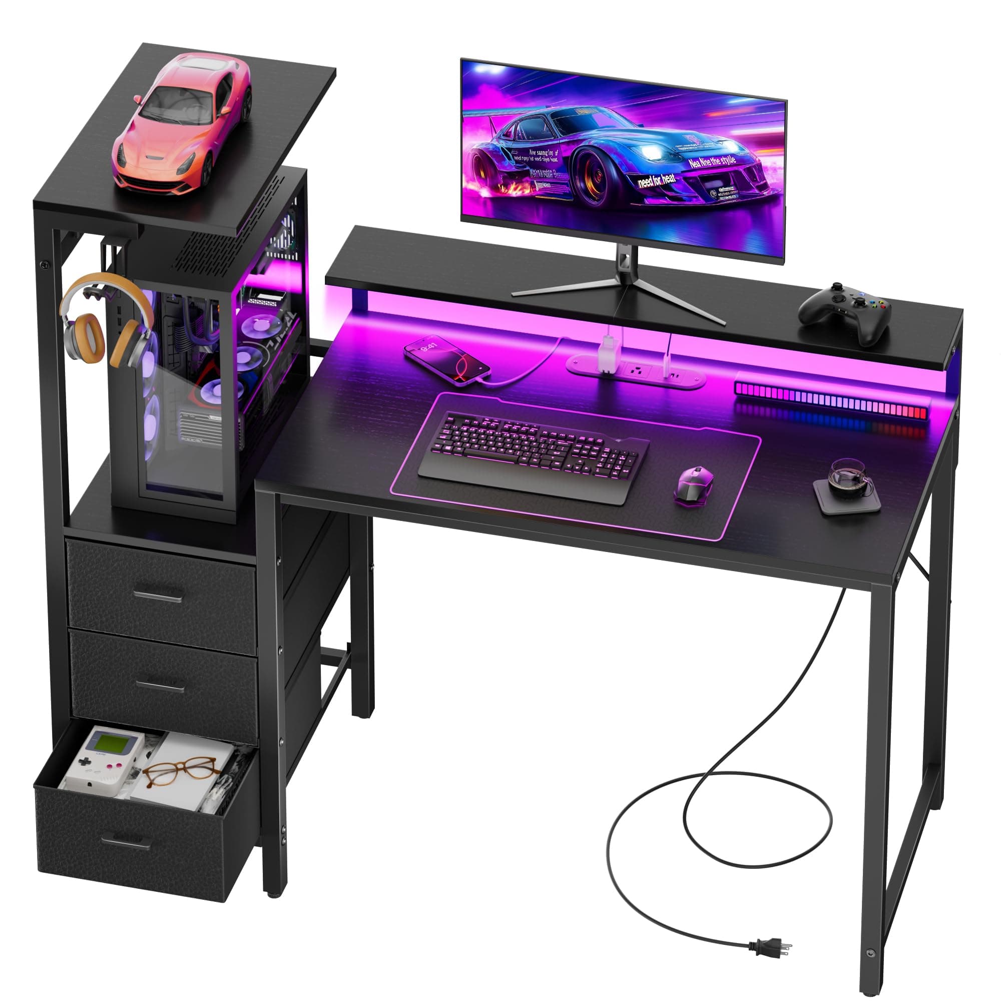 HLDIRECT 44 Inch Gaming Desk with Power Outlets & Monitor Stand