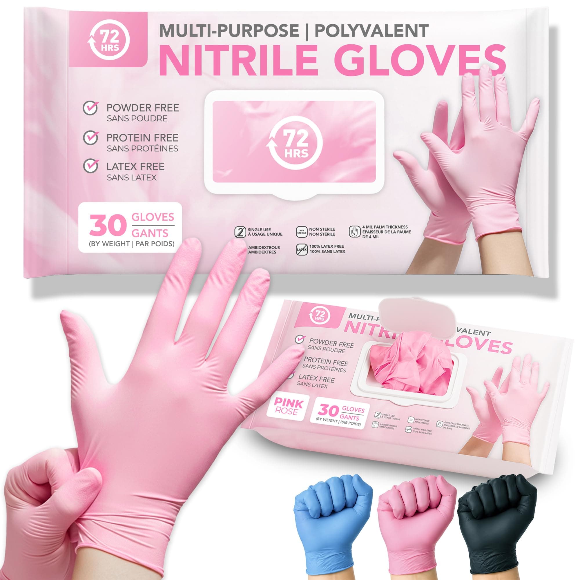 72HRS Pink Nitrile Gloves - 4 Mil Disposable Gloves (30 Pieces, Medium)