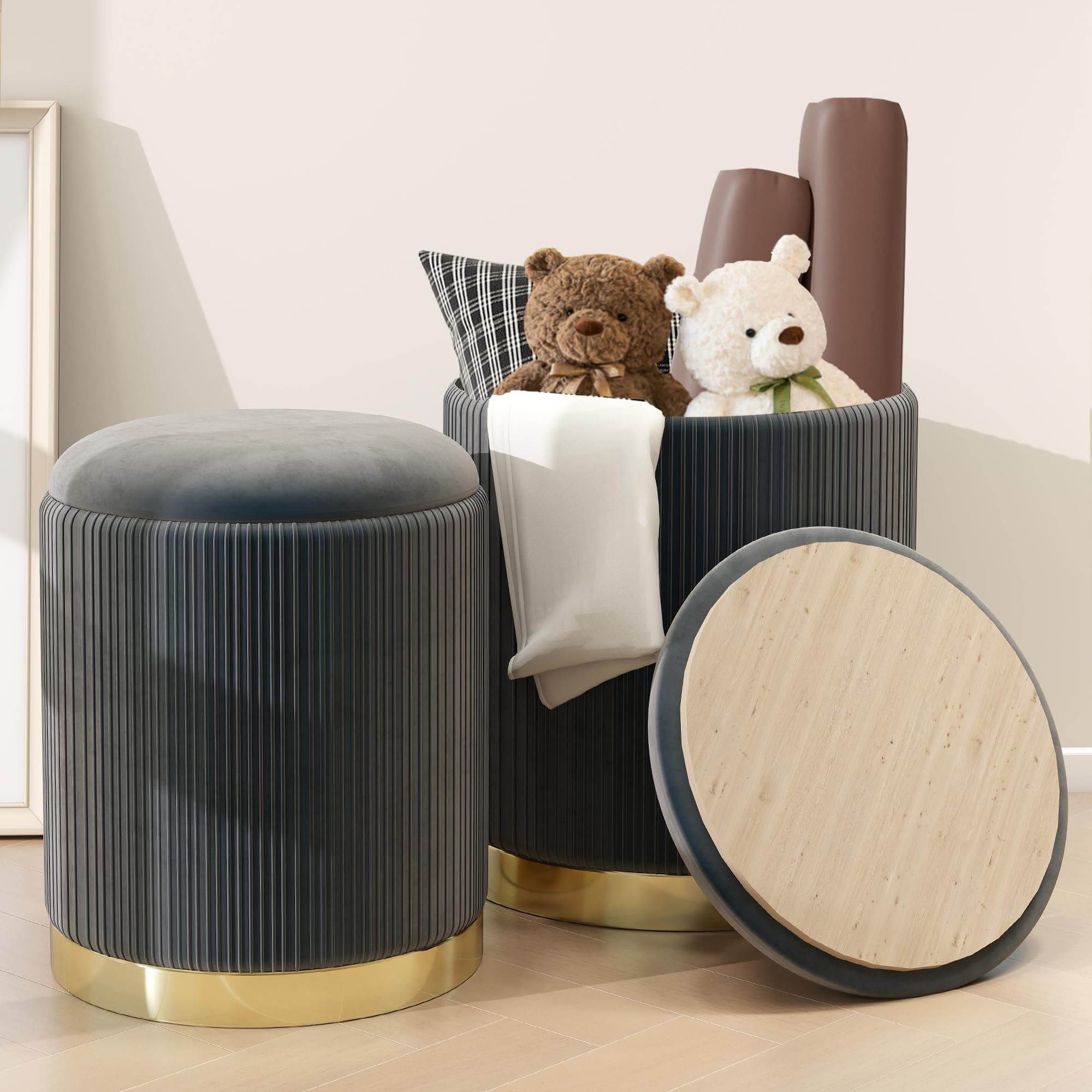 Caroeas 2 Pack Round Ottoman with Storage, Upholstered Velvet Storage Ottoman with Gold Trim, Vanity Stool for Makeup, Ottoman Foot Rest for Living Room, Bedroom, Gray