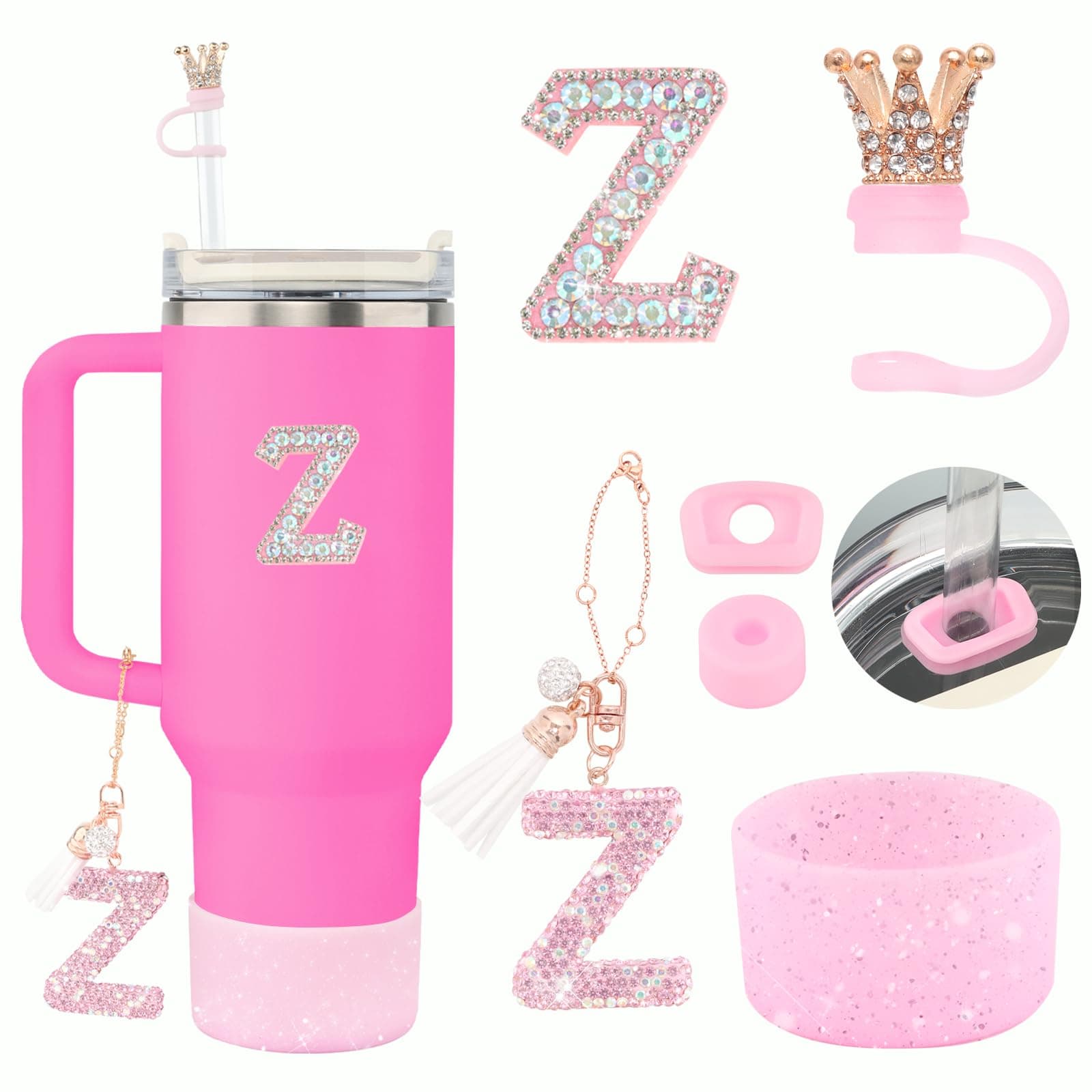 Rabrgab 6Pcs Pink Stanley Cup Accessories Set - Giltter Letter Charm for Cup Handle, Silicone Straw Cover, Diamond Letter Sticker, Sparkly Silicone Boot, Spill Proof Stopper for Tumbler 40Oz 30Oz Z