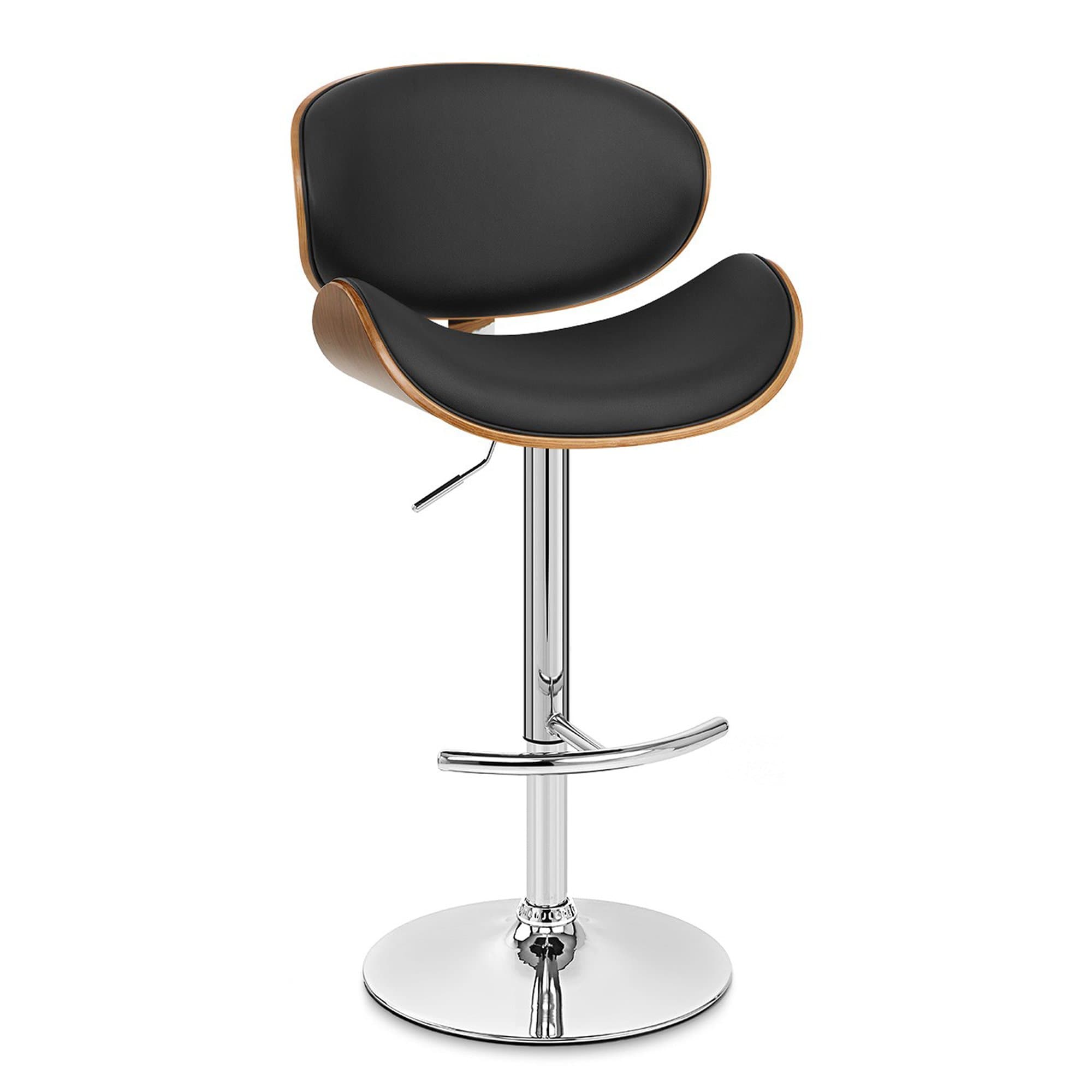 Armen Living Naples Swivel Barstool in Black Faux Leather, Walnut Wood and Chrome Finish
