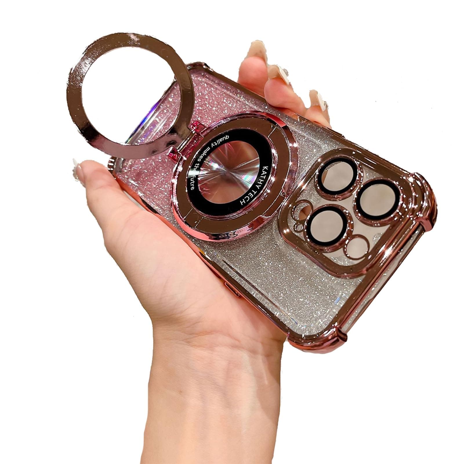 Loodion for iPhone Case for iPhone 16/15/14/13/12 Pro Max,Four Corners Anti-Drop Magnetic Bracket Case Cover with Camera Lens Protector (Pink(Shiny),for iPhone12Promax)