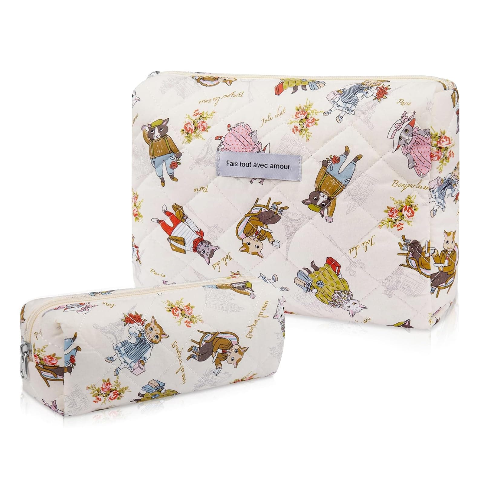 Gosect Quilted Floral Makeup Bag, Double Layer Large Capacity Cosmetic Bag with Portable Handle, Cute Coquette Aesthetic Toiletry Bag, Portable Travel Organizer with Dividers for Women Girls, Cat