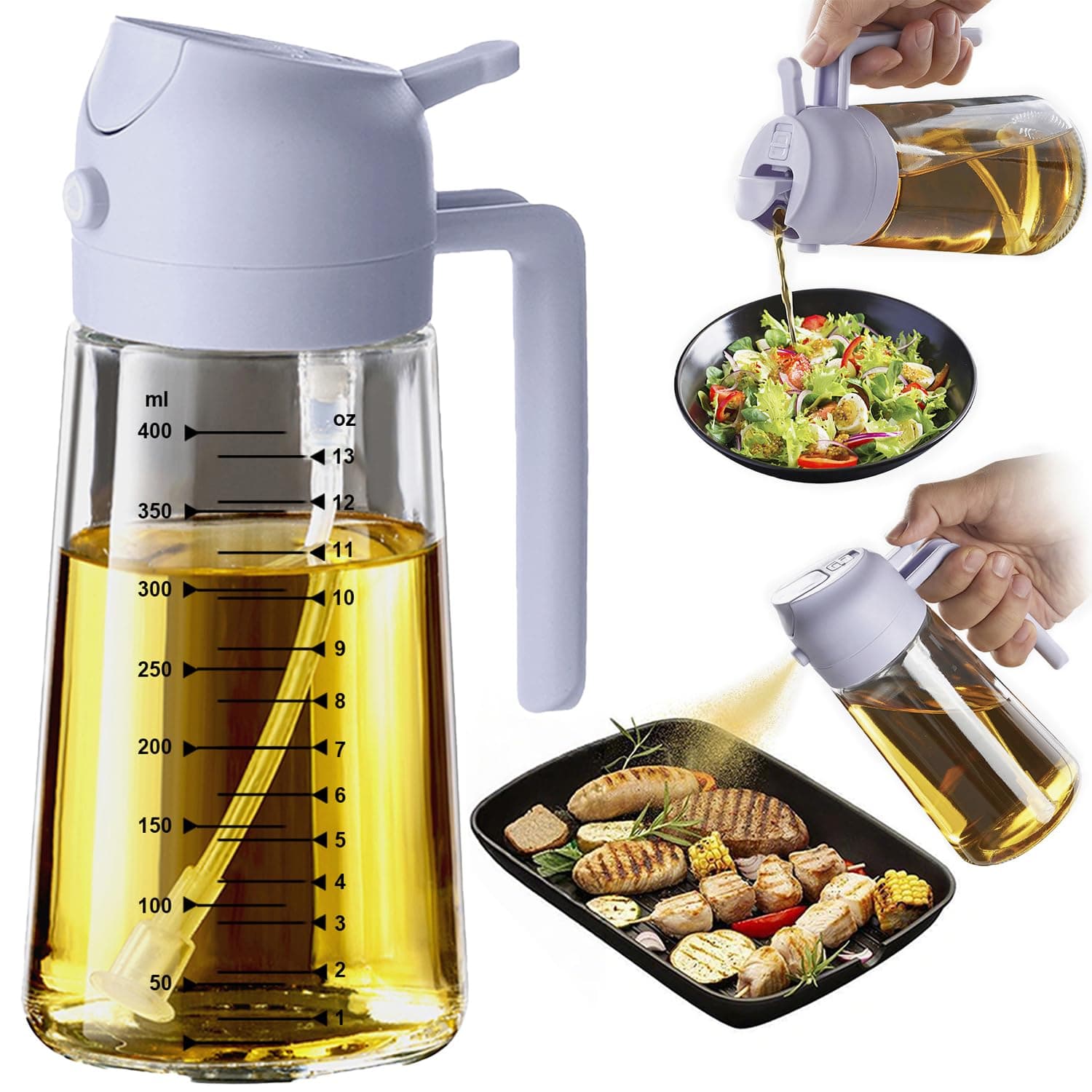 TrendPlain 470ml Olive Oil Spray Bottle for Kitchen Gadgets - 2 in 1 Olive Oil Dispenser Bottle and Air Fryer Accessories for Cooking, Salad and BBQ - Periwinkle