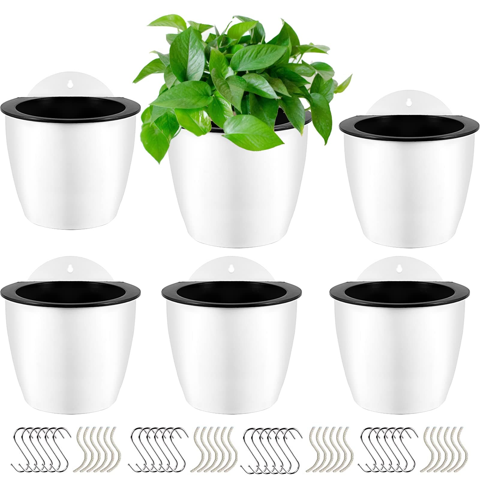 HOIGON 6 Pack 7 Inch Self Water Hanging Plant Pots, Self Watering Wall Hanging Plastic Planters with S-Hooks and Wicks, Flower Pot for Indoor Outdoor Orchids African Violet, White