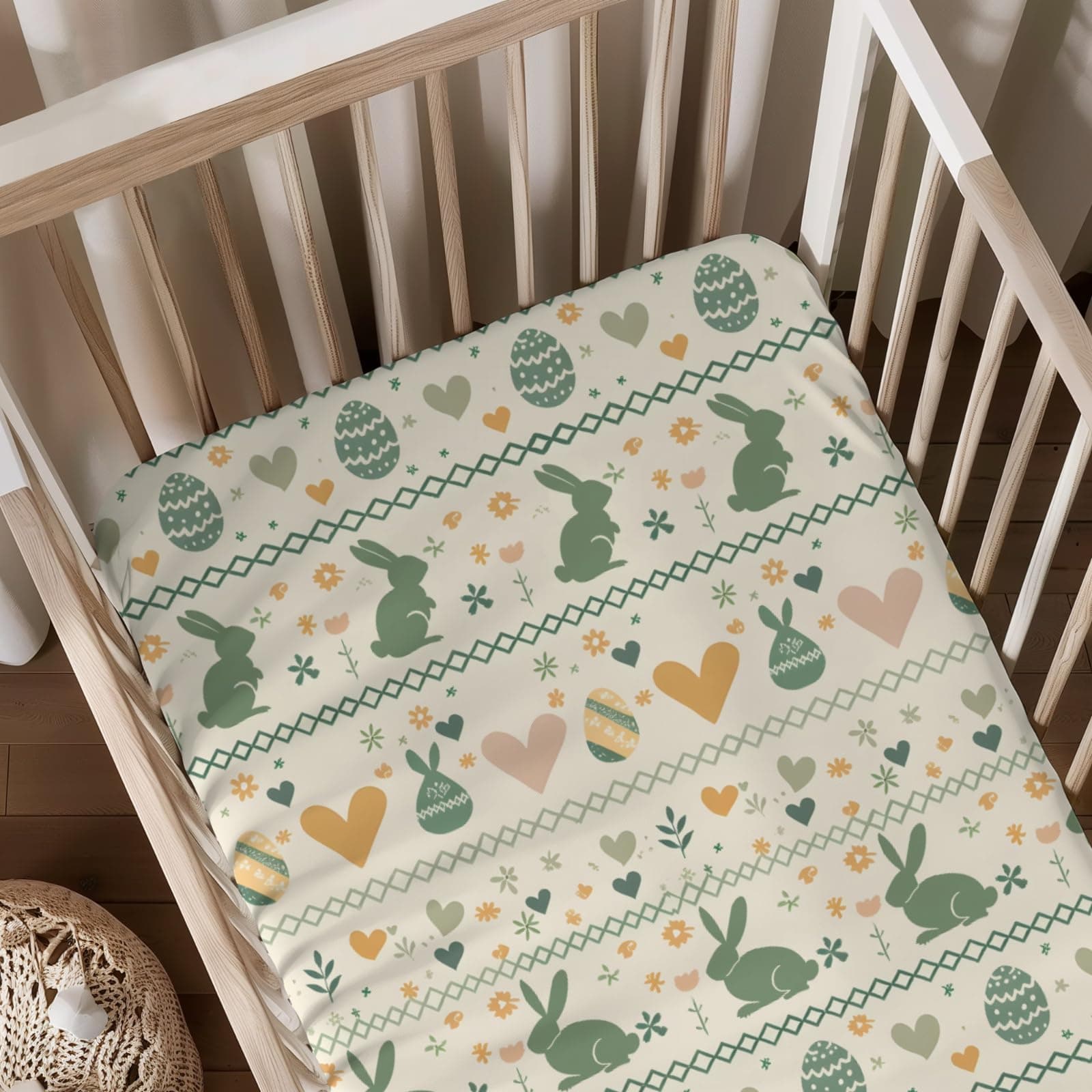 Easter Rabbits Eggs Hearts Pattern Baby Sheets for Crib, Unisex Spring Holiday Nursery Fitted Bed Sheet for Boys Girls Standard Crib and Toddler Mattress-28x52