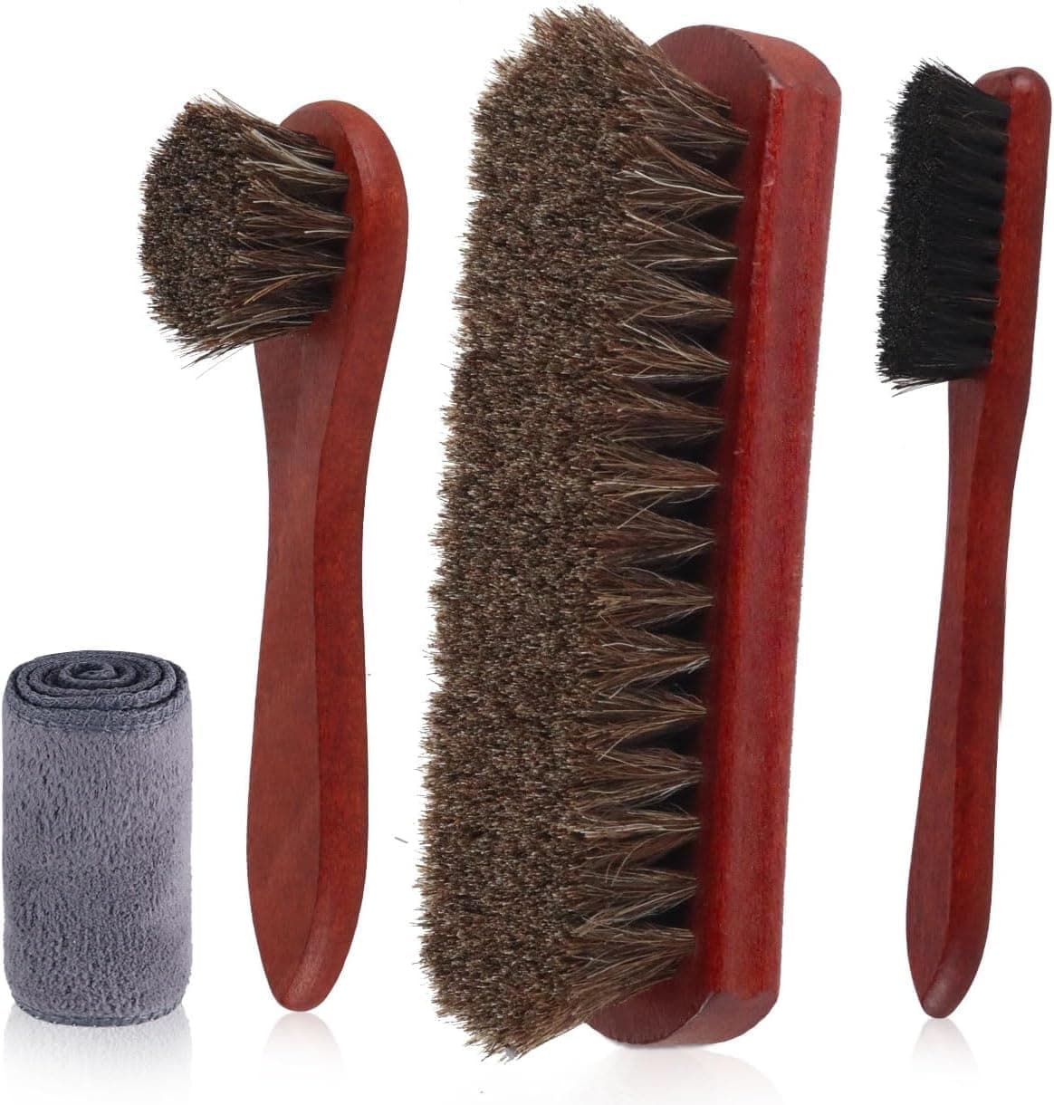 Three Horses Horsehair Shoe Brush 4 Pcs 100% Horsehair Premium Shoe Cleaning Kit with Microfiber Cloth Leather Boots Shoes Care Cleaner Brush Polish Dauber Applicator with Edge Brush