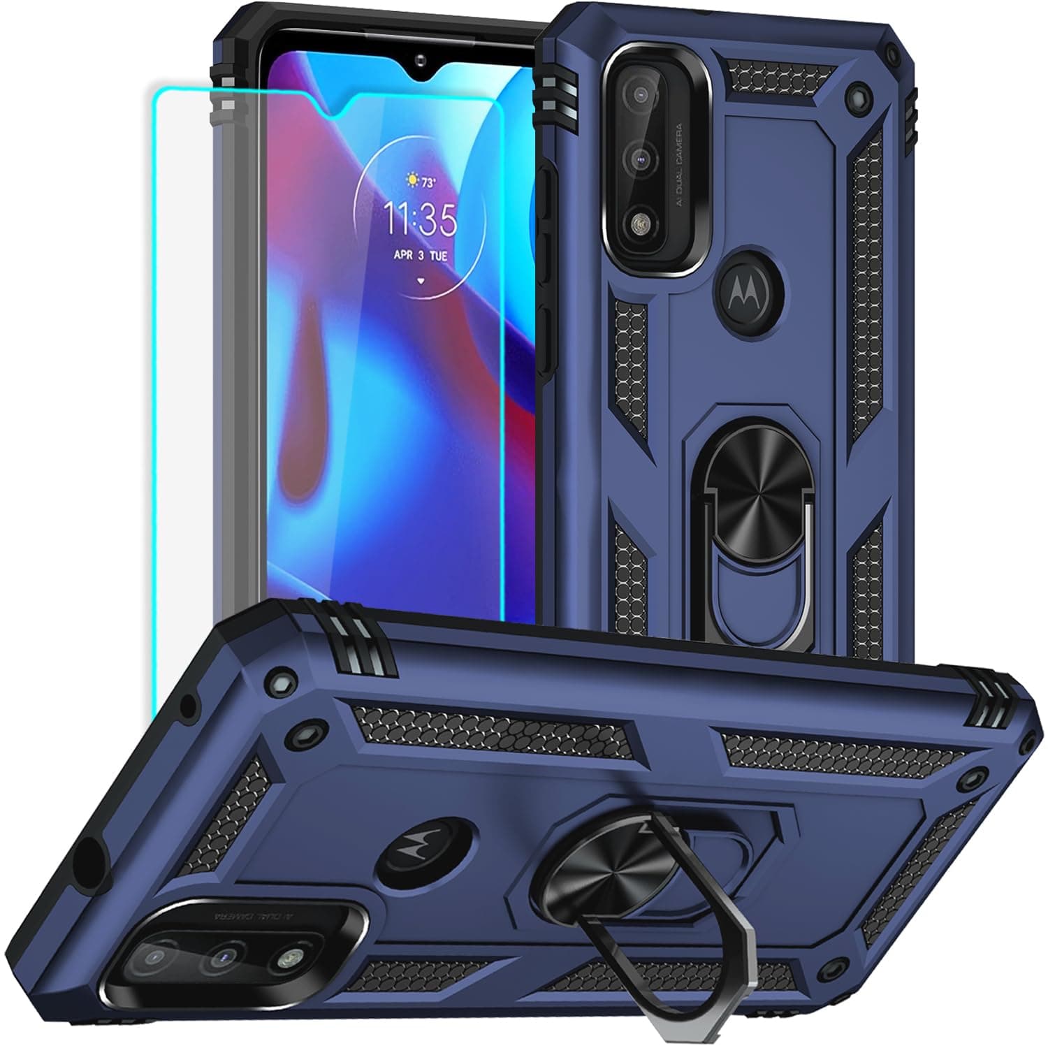 for Moto G Pure Phone Case, Moto G Power 2022 Case with HD Screen Protector, Military Grade Protective Cases with Ring for Moto G Pure (Blue)