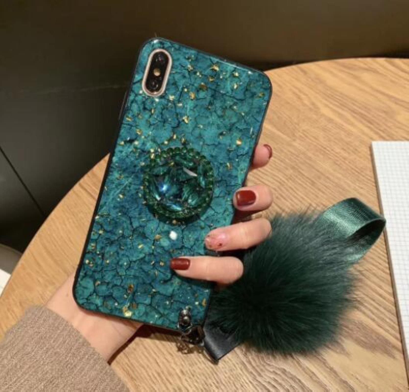 Cell Phone Shell in Gold Leaf, with airbag Support, with Fox Fur Ball Strap, for iPhone 6 6S 7 8 Plus x XR XSmax