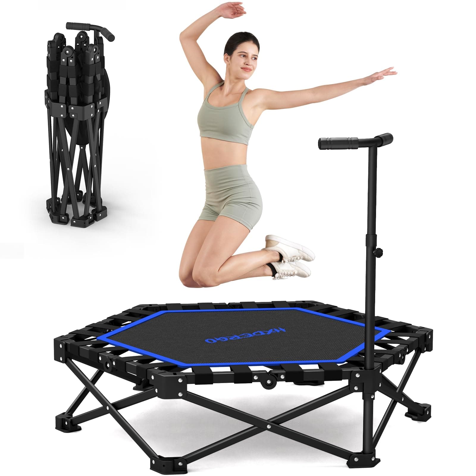 HXD-ERGO Foldable Mini Trampoline, Rebounder Trampoline with Adjustable Foam Handle, Fitness Trampoline for Indoor, Outdoor, Home Gym, Max Load 460lbs (Blue)
