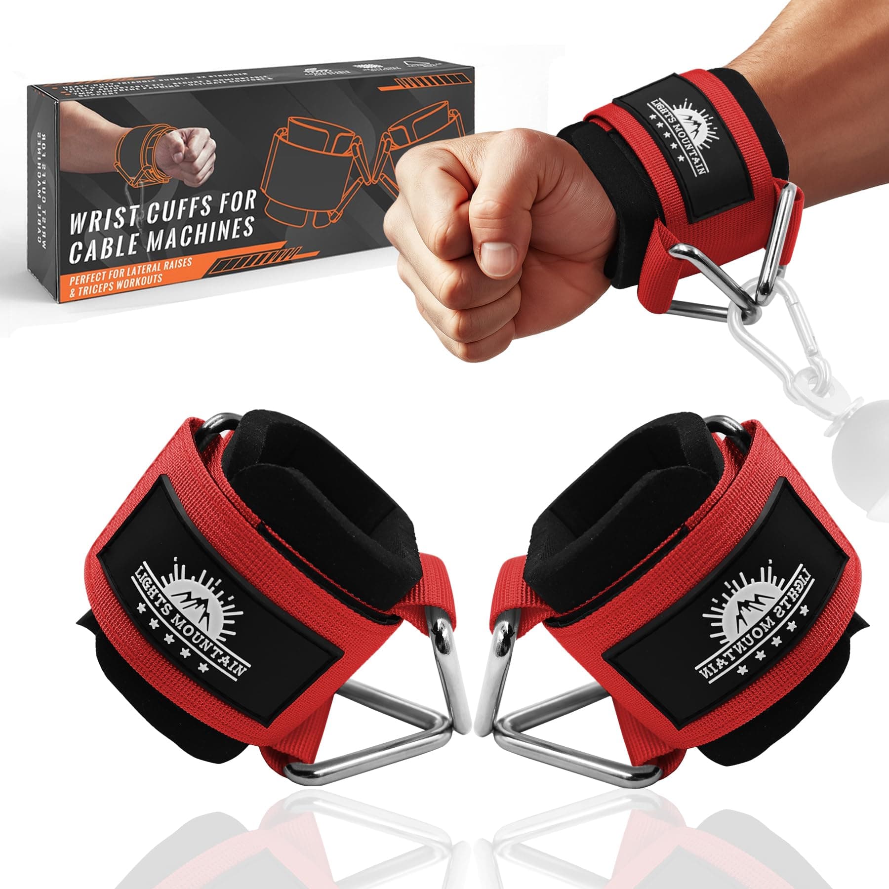 Lights Mountain Wrist Cuffs for Cable Machines – Padded & Adjustable Straps for Lateral Raises, Tricep Pushdowns & Strength Training (Red M)