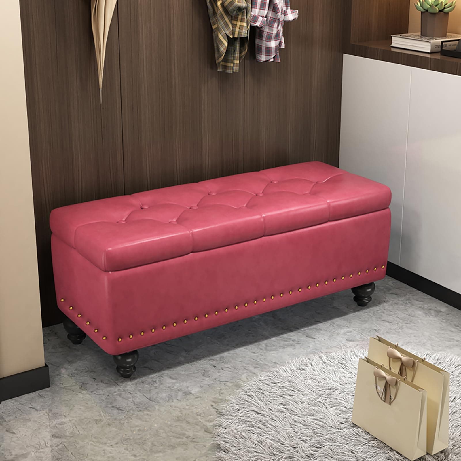 Faux Leather Storage Ottoman Bench, Upholstered End of Bed Bench, Tufted Footstool with Nailhead Trim, Modern Storage Ottoman for Entryway Living Room Bedroom Hallway(100x40x43cm(39x16x17inch), Pink)