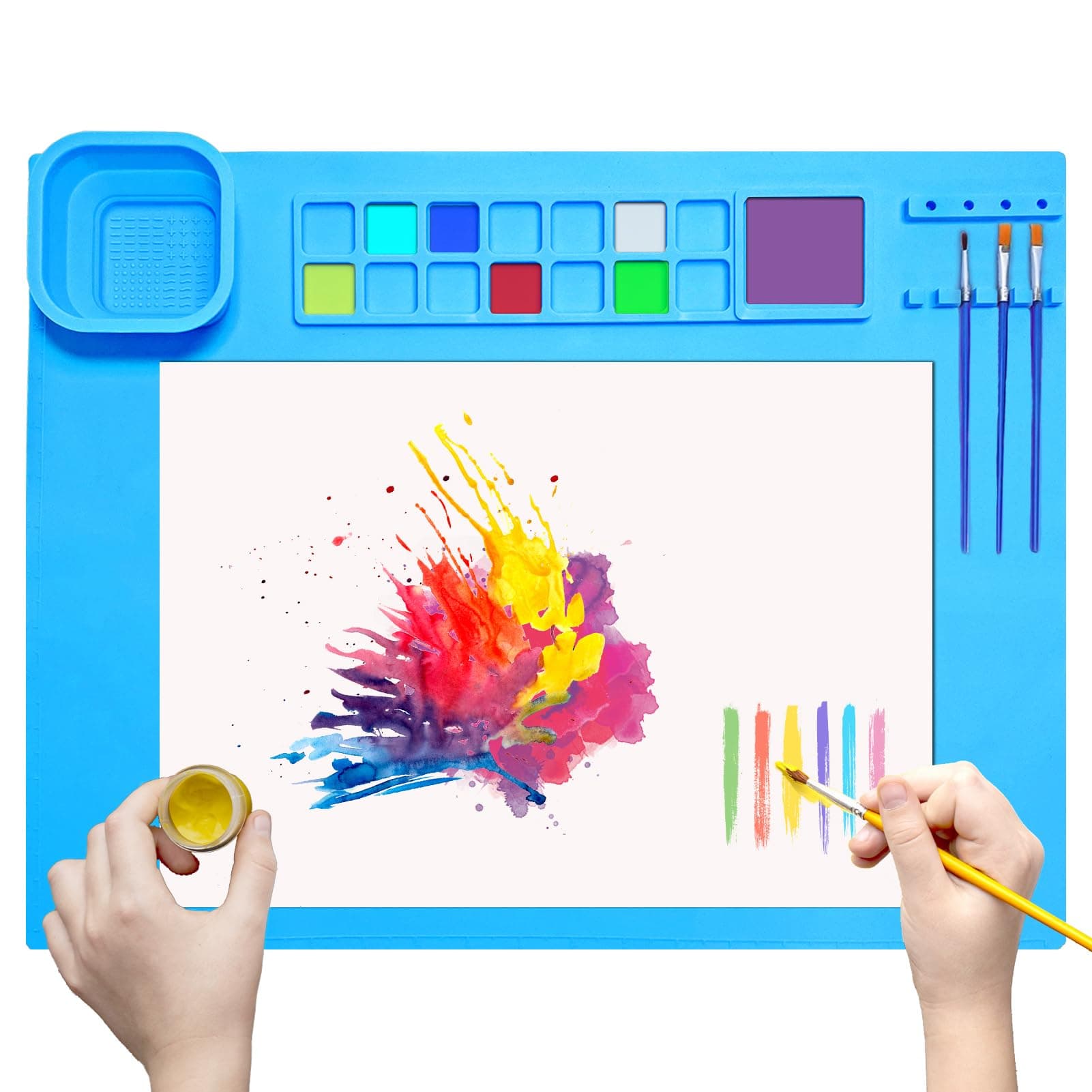 SOQKEEN Silicone Painting Mat 20"x16" Silicone Craft Mat with Detachable Cup Collapsible Non-Stick Art Mat Silicone Beading Mat Playdough Mat for Drawing Crafting Clay Handmade DIY(Blue)