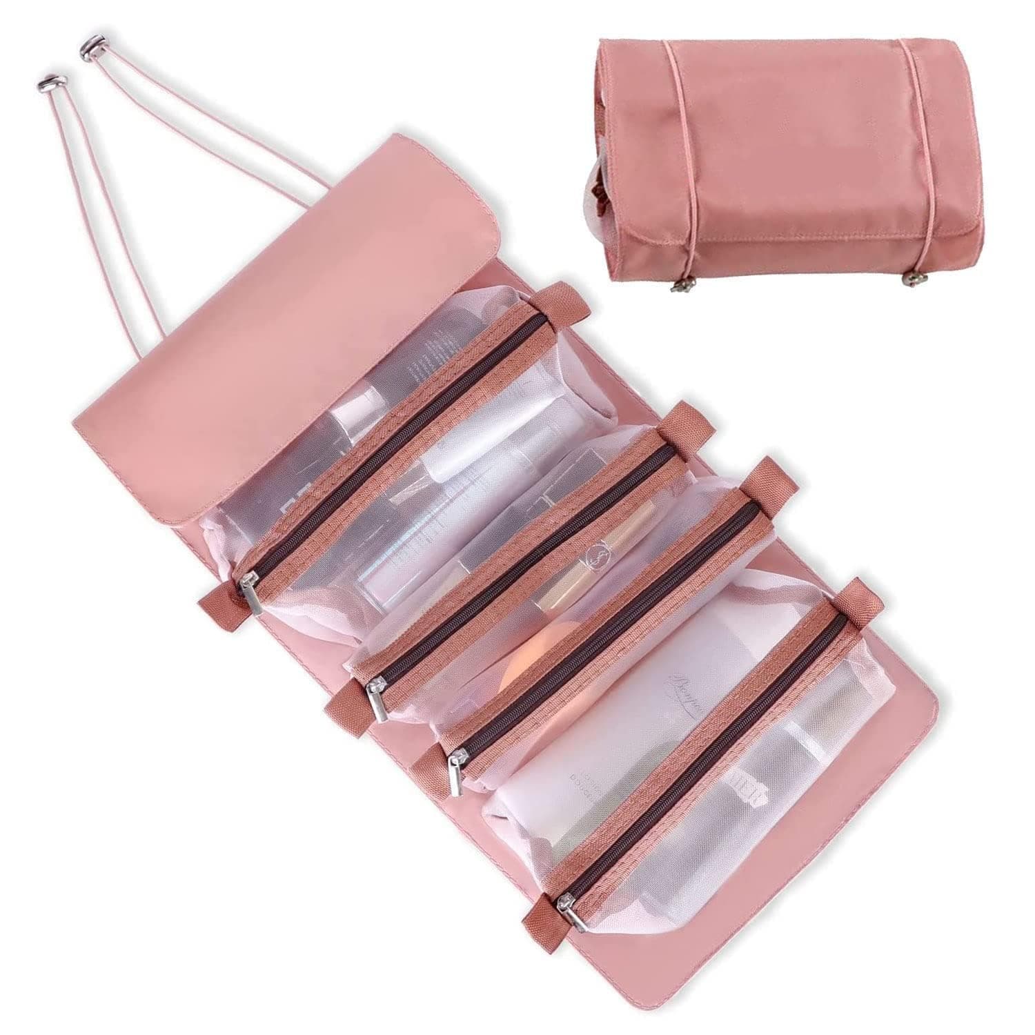 DHVYANT MART 4 in 1 Foldable Hanging Cosmetic Bag Travel Toiletry Bag Roll Up Pouch Detachable Makeup Case Easily Carry for Makeup Brush, Skin Lotion-Cream, Perfumes, Ideal for Women & Girls,,
