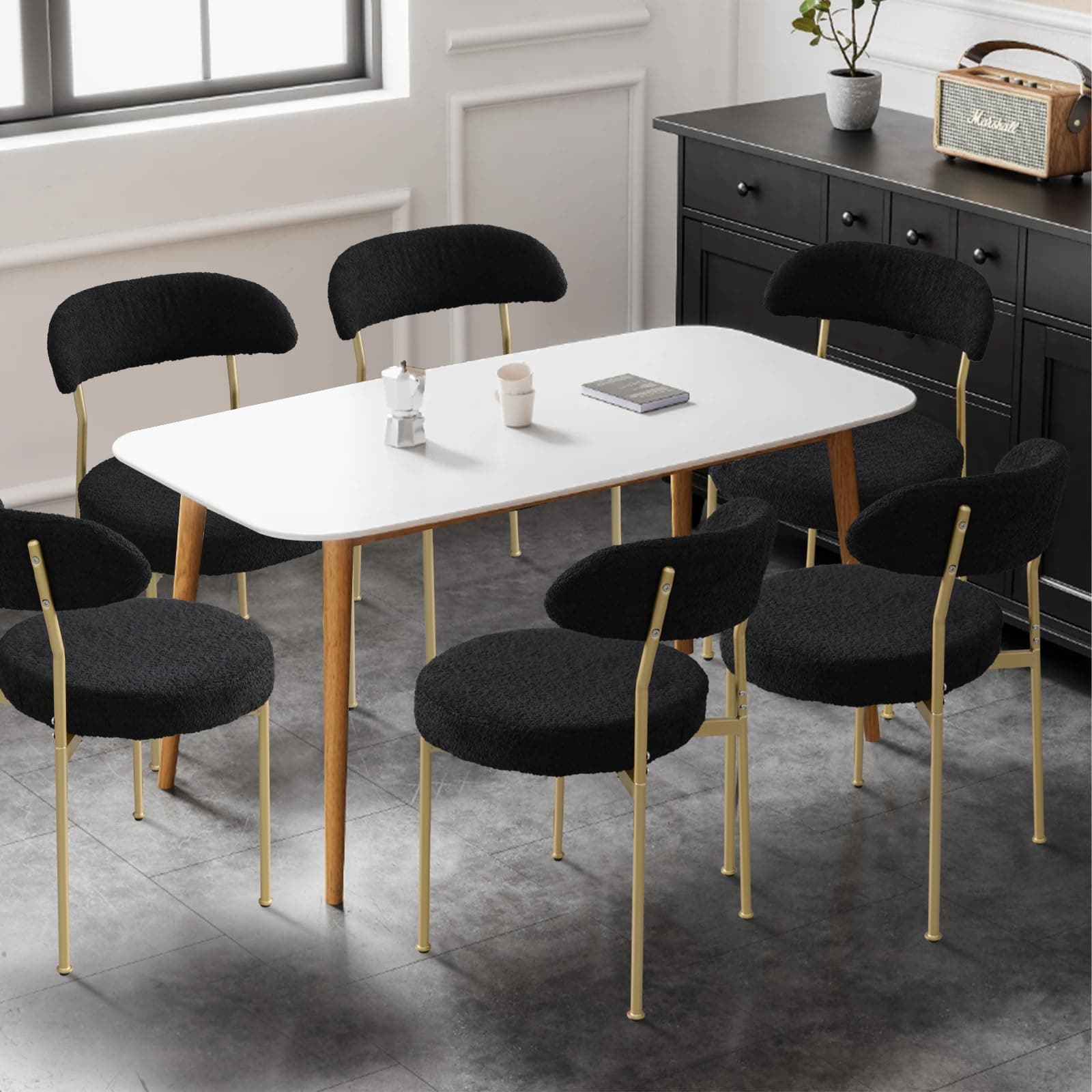 VICBARLEY Boucle Dining Chair Set of 6, Round Seat Upholstered Dining Chairs with Metal Leg, Teddy Kitchen Dining Chair for Dining Room, Living Room(Black)
