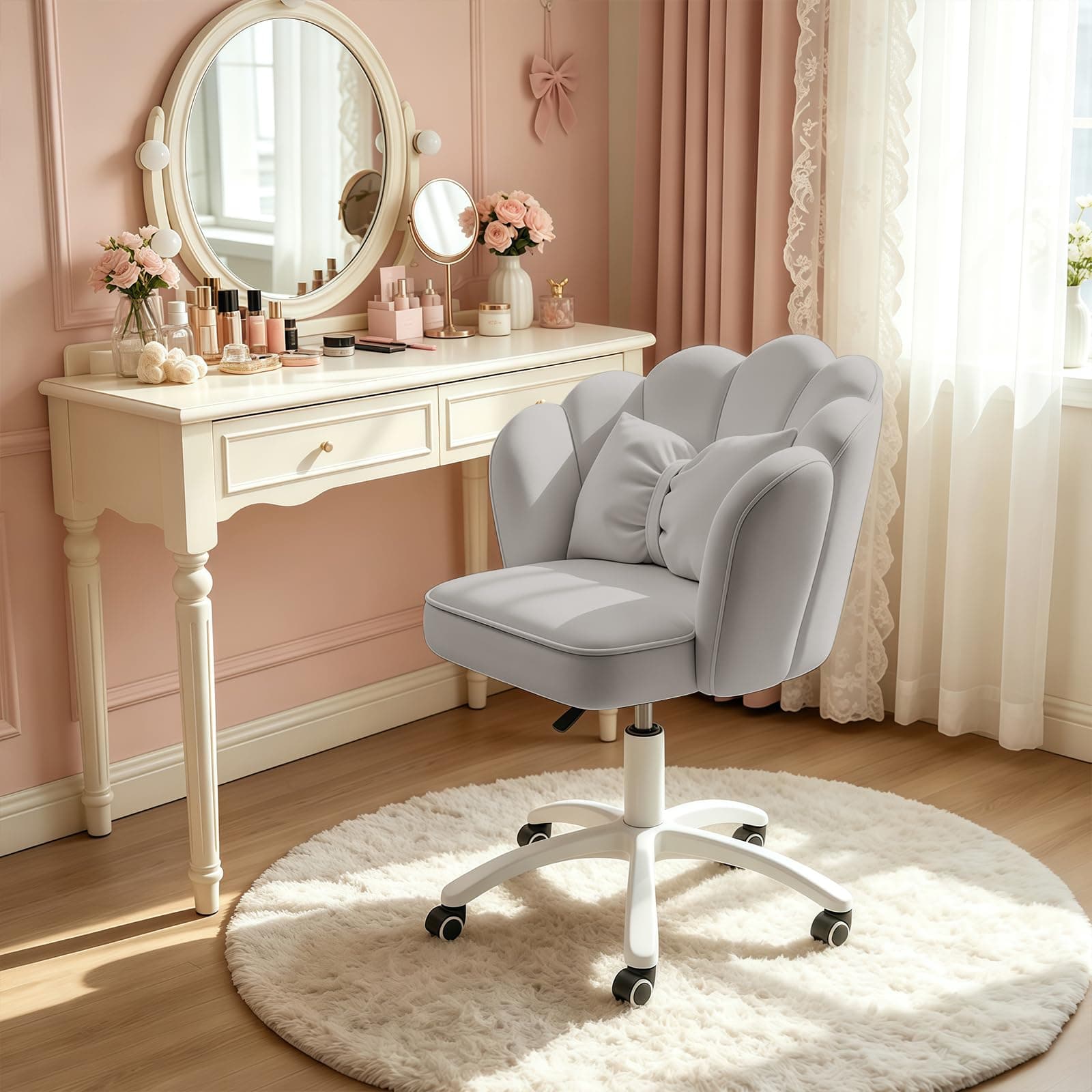 JPBSTO Velvet Makeup Chair,Cute Petal Desk Chair Office Desk Chair,Modern Swivel Home Butterfly Chairs,Height Adjustable Chair Suitable for Bedroom,Study,Gray