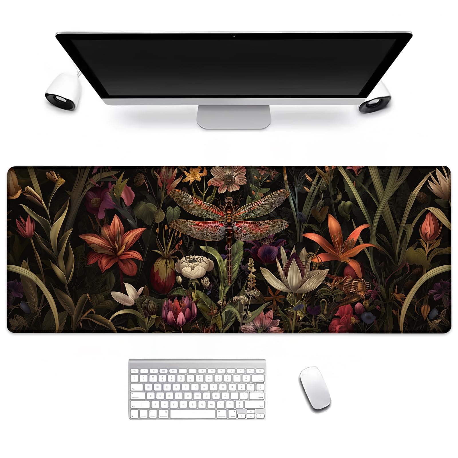 BIWOTU Dragonfly Floral Gaming Mouse Pad, Computer Keyboard Desktop Elegant Insect and Wildflower Mouse Pads for Home, Work, Desk Decor, Large Office Laptop Anti-Slip Rubber Base Desk Mat 31.5×11.8 in