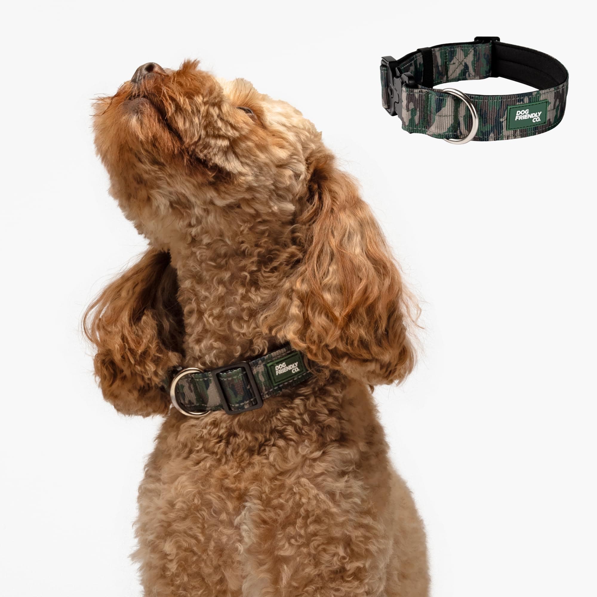 Dog Friendly Co. Tactical Dog Collar | Comfortable & Secure | Quick Release Clip Buckle and Heavy Duty D-Ring | Soft Padded Neoprene, Chafe Resistant, Night-Time Visibility | Green Camo, Size L/XL