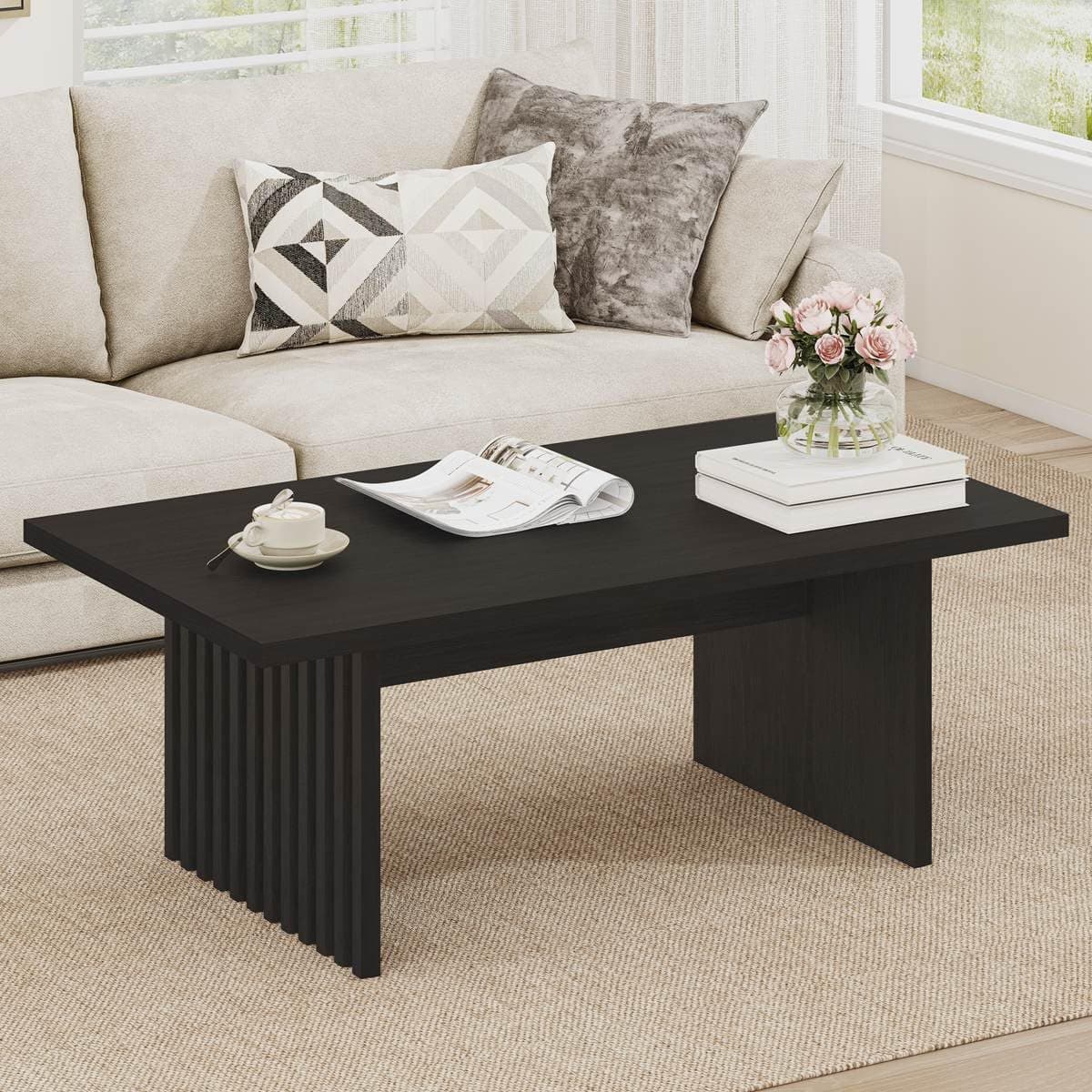 BON AUGURE Black Coffee Table, 47 Inch Modern Coffee Tables for Living Room