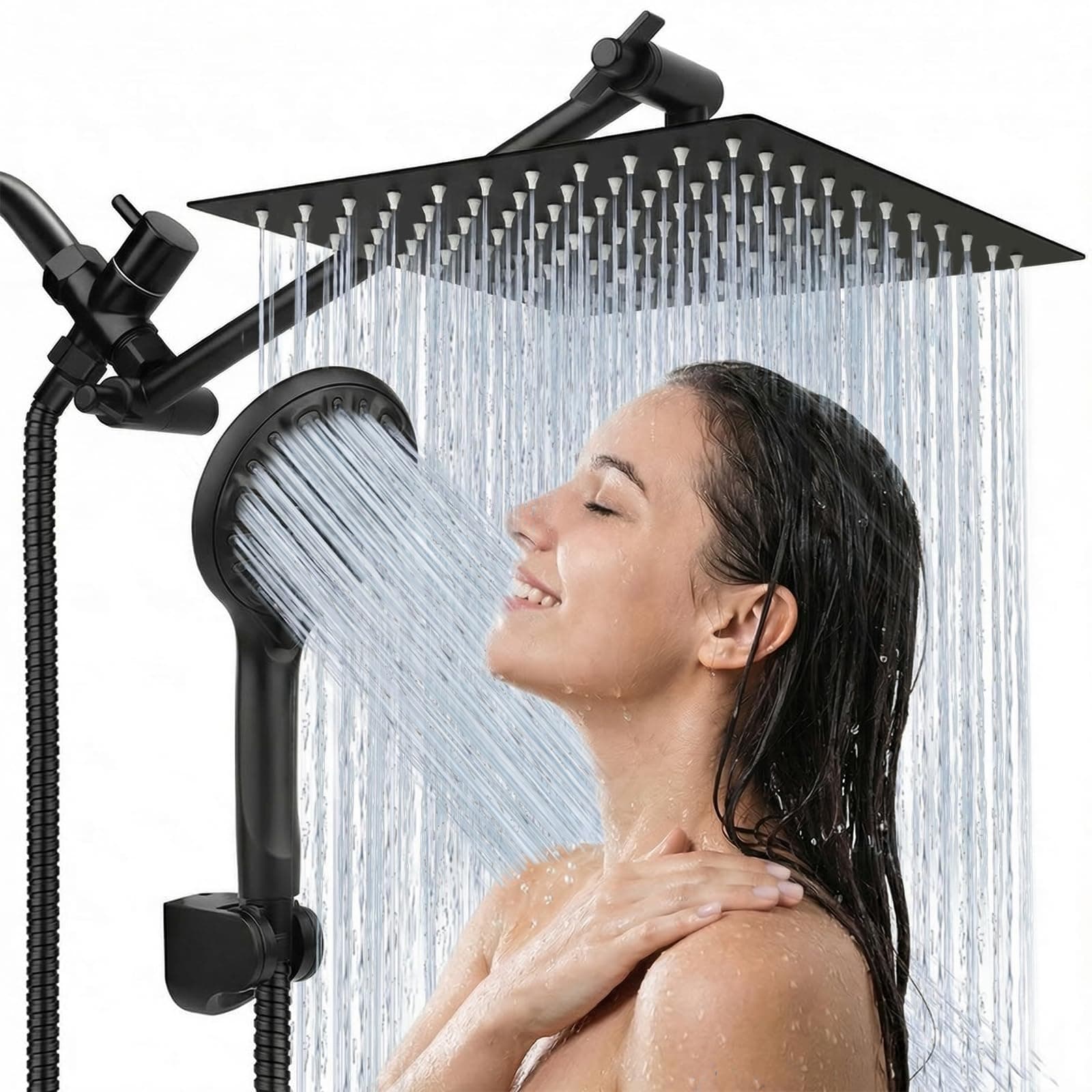 Shower Head, 12'' High Pressure Rainfall/Handheld Shower Combo, Matte Black