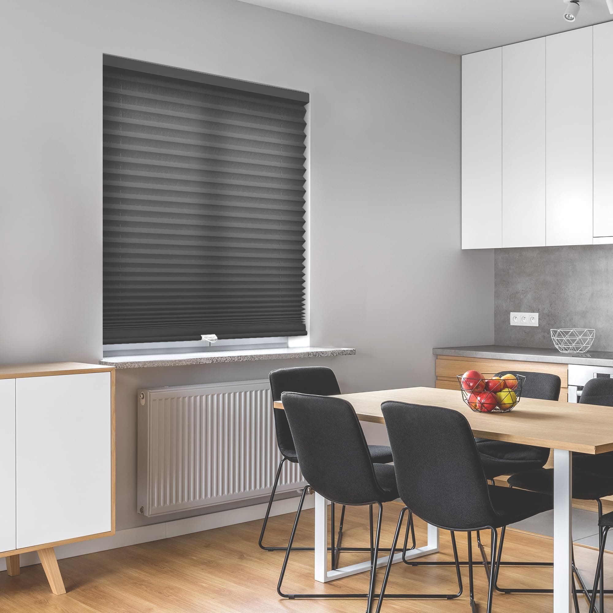 DEZ FURNISHINGS EZ Stick No Drill No Tools Cordless 1" Light Filtering Pleated Shade, 36.5" W x 72" H, Black