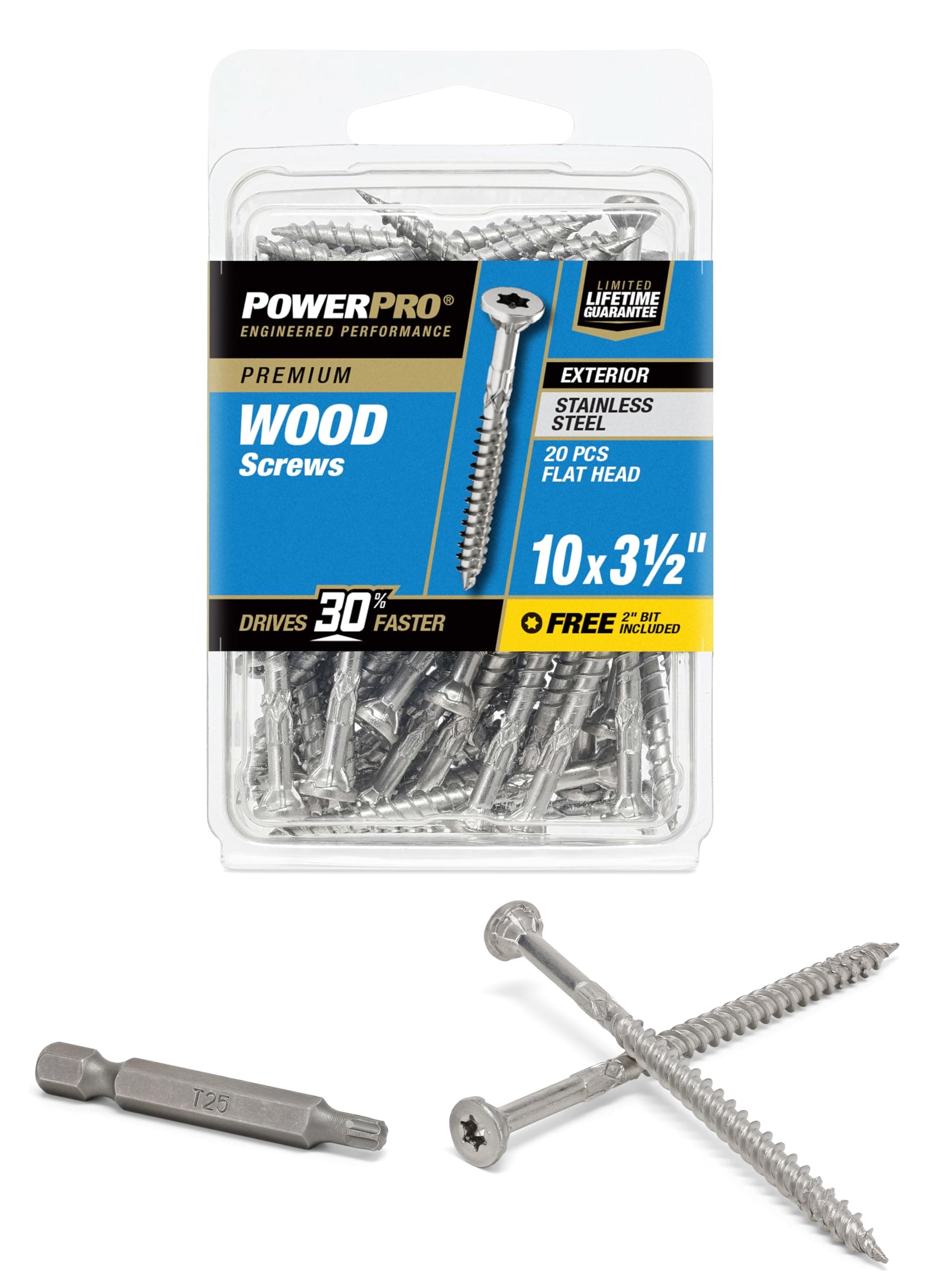 Power Pro Premium Exterior Wood Screws, #10 x 3-1/2" Inch All-Purpose Deck Screws for Outdoor Projects, T-25 Star Bit Included, Silver, 20 Pieces | 42500V4