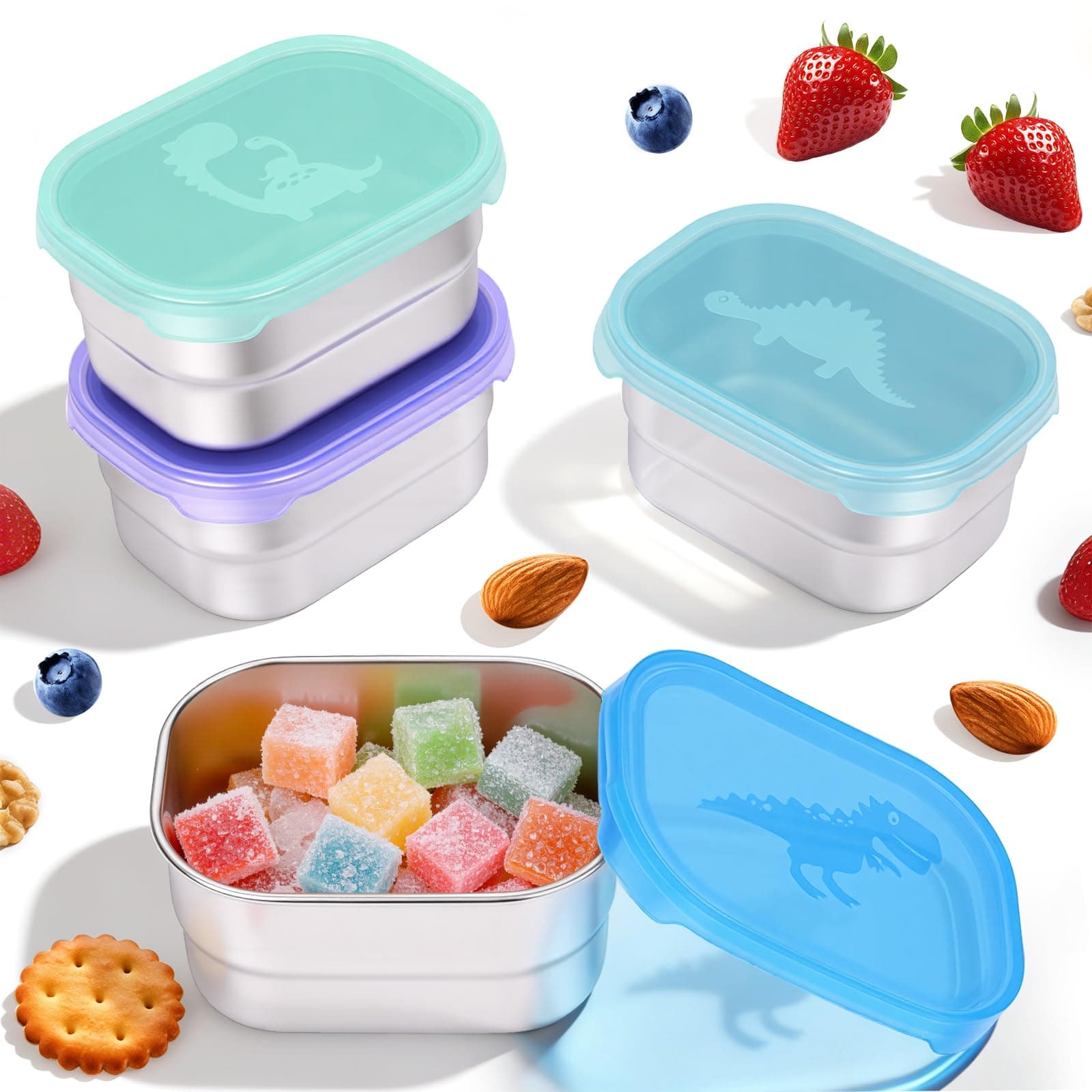 Tanjiae 4×8oz Small Stainless Steel Snack Containers - 230mL Leakproof Food Containers with Cute Dino Lids | LFGB Certified, Stackable Metal Snack Box for Everyday Use