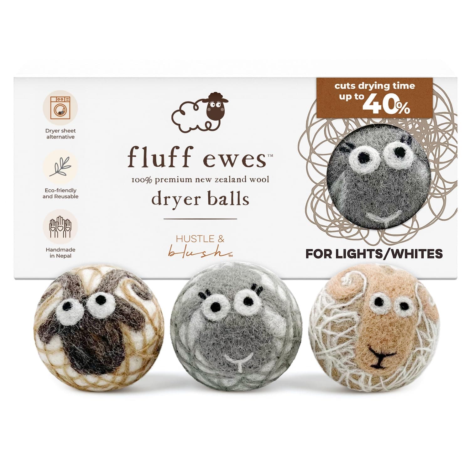 Hustle & Blush Fluff Ewes Wool Dryer Balls 3 Pack, Lights, XL