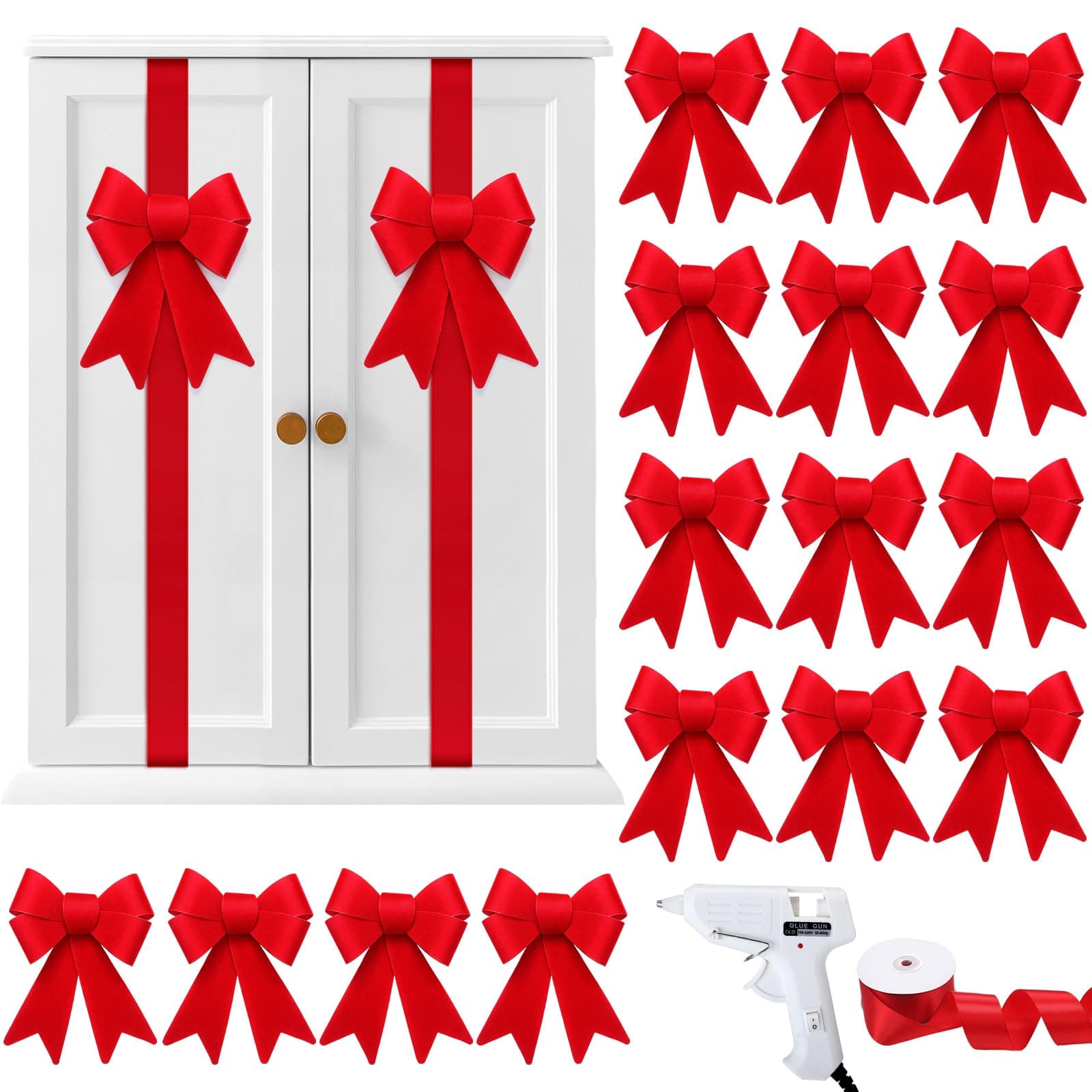 Daifunli 16 Pcs Christmas Cabinet Bows DIY Kitchen Velvet Cabinet Ribbons Bows for Kitchen Dining Door Home Holidays Decoration(Red,Velvet)