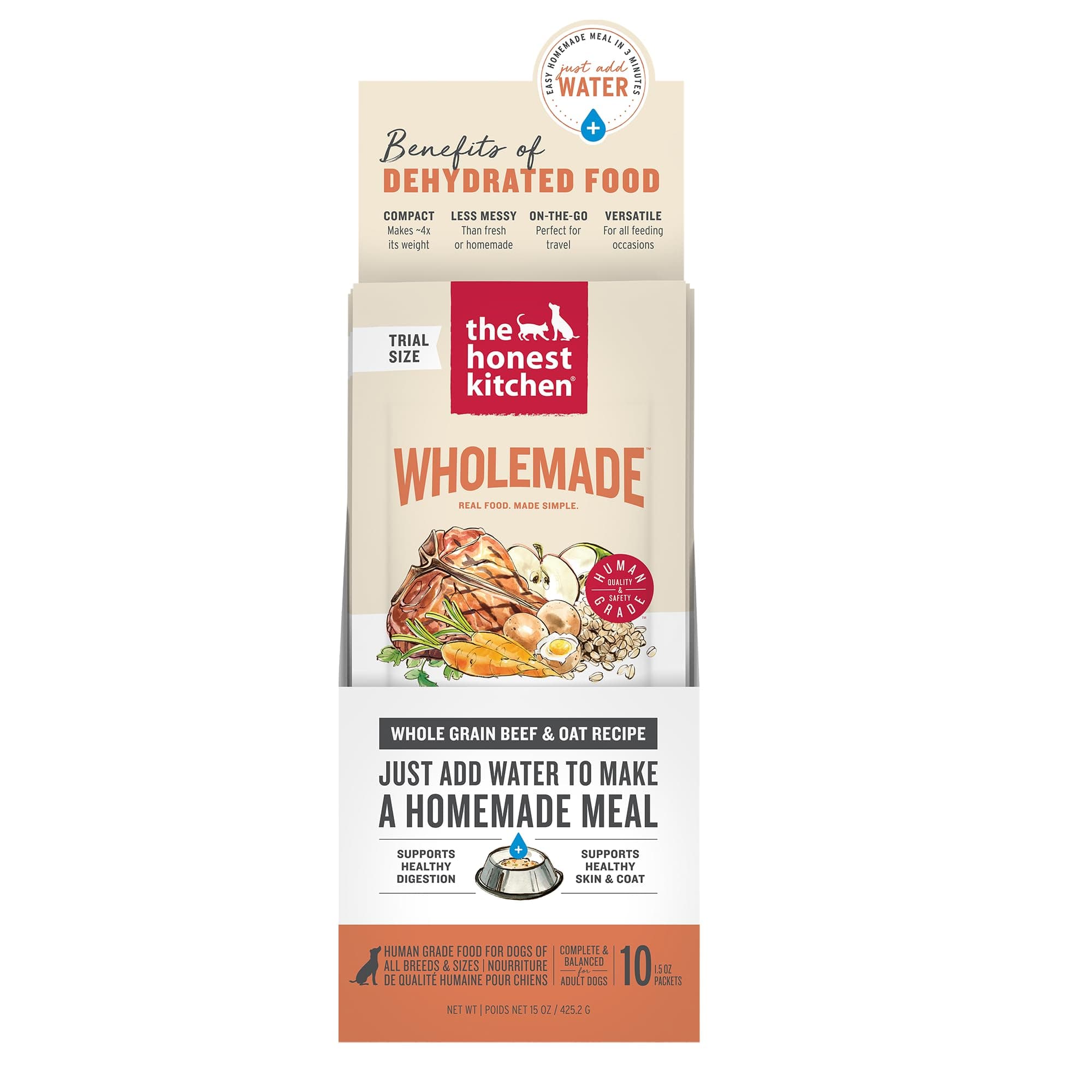 The Honest Kitchen Wholemade Whole Grain Beef Recipe, Human Grade Dehydrated Dog Food, Just Add Water, Supports Digestion, Skin & Coat, Topper for Dry or Wet Food, 1.5 oz Single Serve Pack, 10 Ct