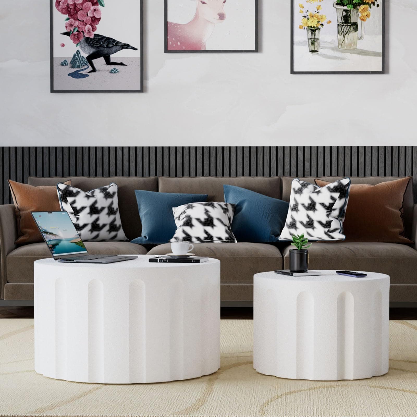 Nesting Coffee Table Set of 2 Modern Round Nesting Coffee Tables Drum Side Table Cocktail Tables for Small Spaces Living Room Bedroom Balcony Office (White)