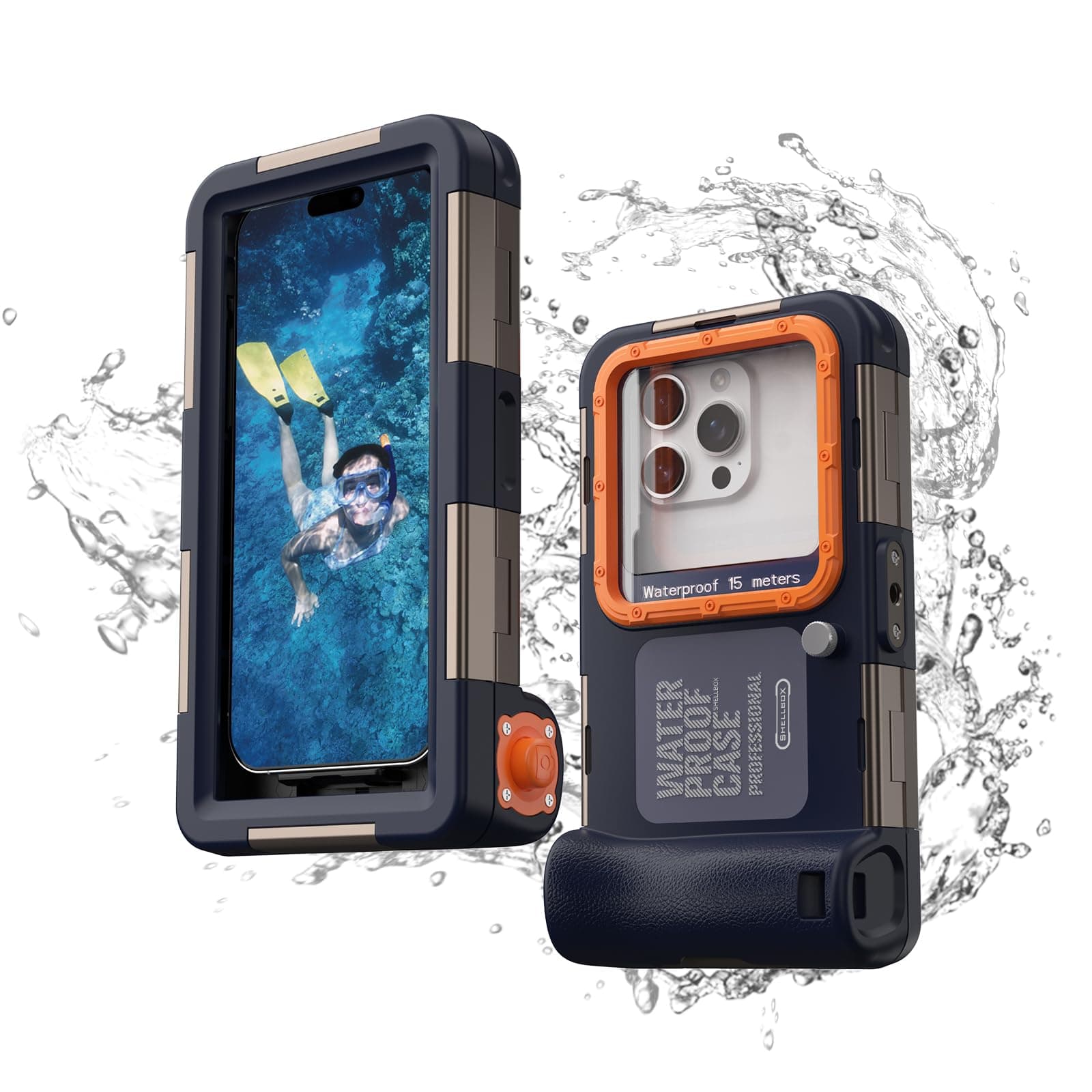 Transy IP68 Professional Waterproof Phone Case for Snorkeling, Diving & Surfing up to 50ft/15m - Shockproof Underwater Case with Lanyard for iPhone & More (Blue+Orange, 2th Generation Phone Case)
