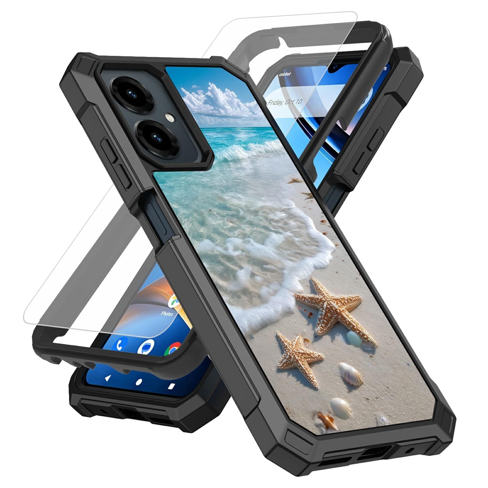 JNFBWULO for Cricket Icon 2026 / AT&T Propel 3 5G Case with Screen Protector, Heavy Duty Protection Dual-Layer Shockproof Case, Front PC Back Soft Silicone Bumper, Ocean Waves