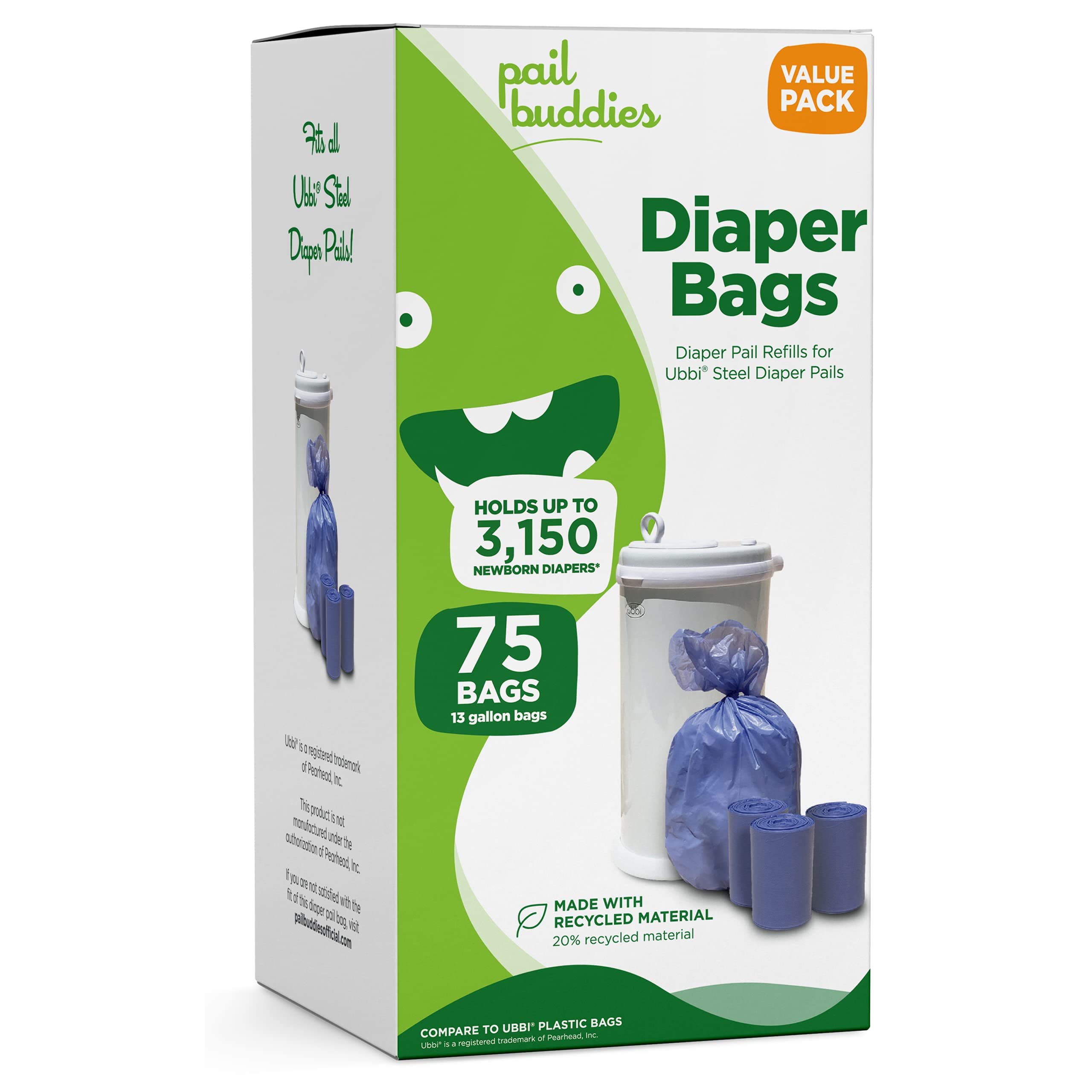 Pail Buddies Diaper Bags, 75 Count, Odor Control with Fresh Powder Scent, Compatible with Ubbi Diaper Pail, Made with Recycled Material, 13 Gallon Capacity, Strong & Durable