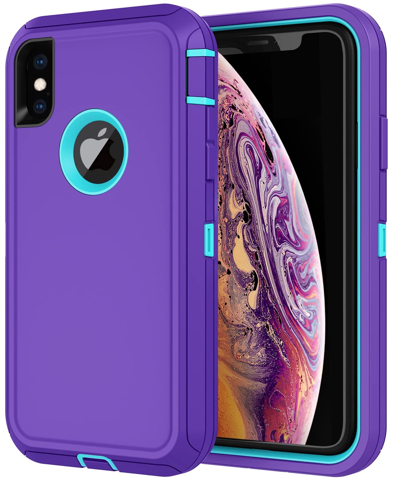 Annymall for iPhone X Case,iPhone Xs Case with Screen Protector Full Body Shockproof Drop-Proof Heavy Duty Rugged Bumper 3-Layer Defender Protective Phone Case Cover for Apple iPhone X/Xs Purple