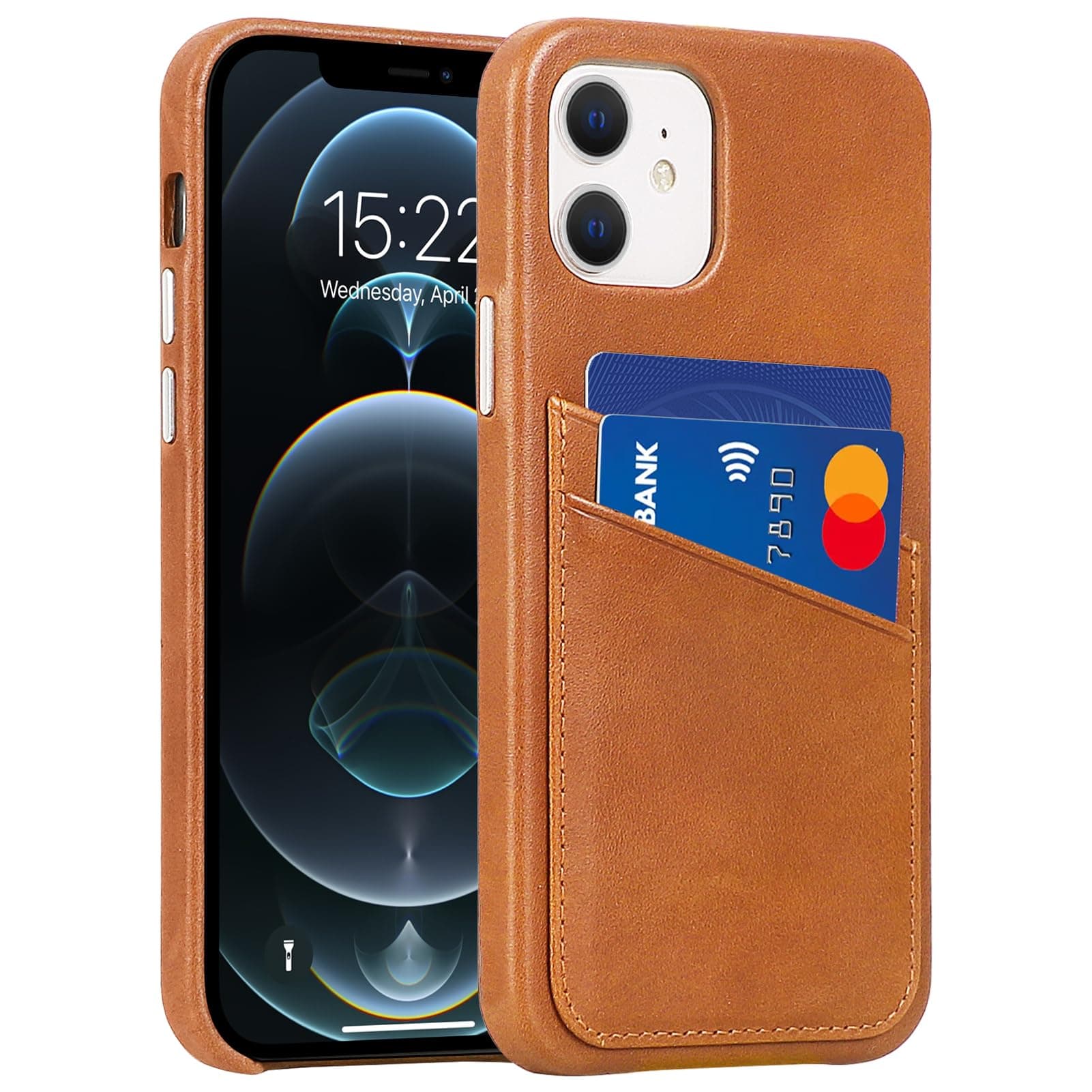 LUCKYCOIN for iPhone 12 Wallet Phone Case with Credit Card Holders,Retro Genuine Leather Purse Covers with Metal Buttons,Durable Shokproof Protective Bumper Case Raised Bezel Design-Tan