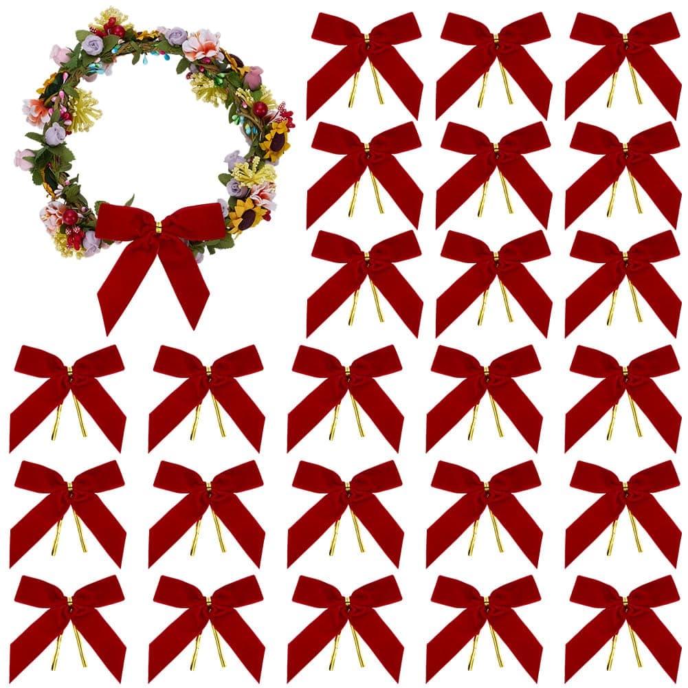 FINGERINSPIRE 24Pcs Red Velvet Bows for Christmas Tree, 90x90mm/3.5x3.5inch Red Velvet Ribbon Bows with Wired Twist Tie Pre-Tied Vintage Christmas Ribbon Bows for Wreaths/Garlands/Crafts/Wedding/Party