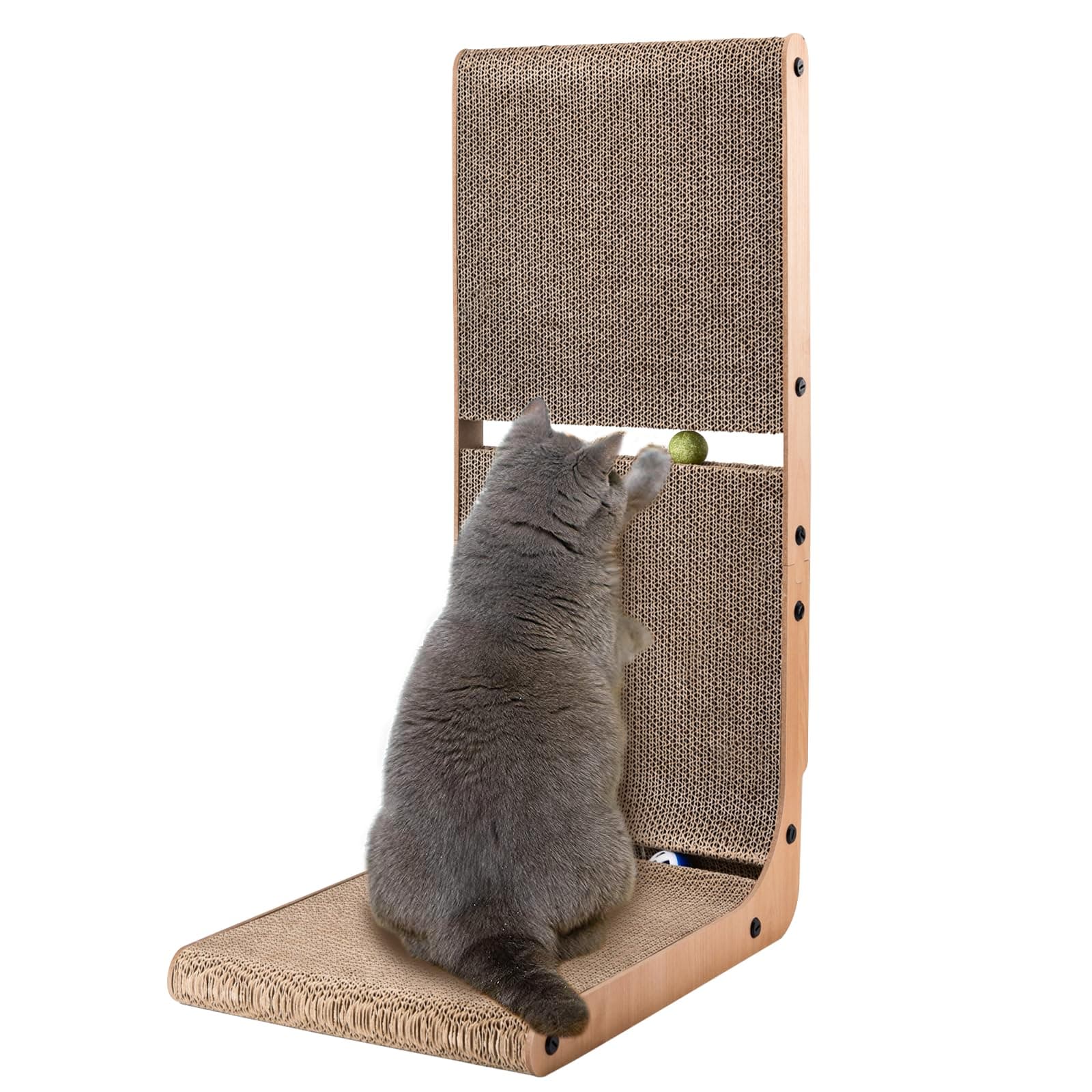 AUSCAT Cat Scratching Post, Cardboard Cat Scratchers for Indoor Cats, 69 cm L-Shape Cat Scratching Pad with Two Build-in Toy Balls
